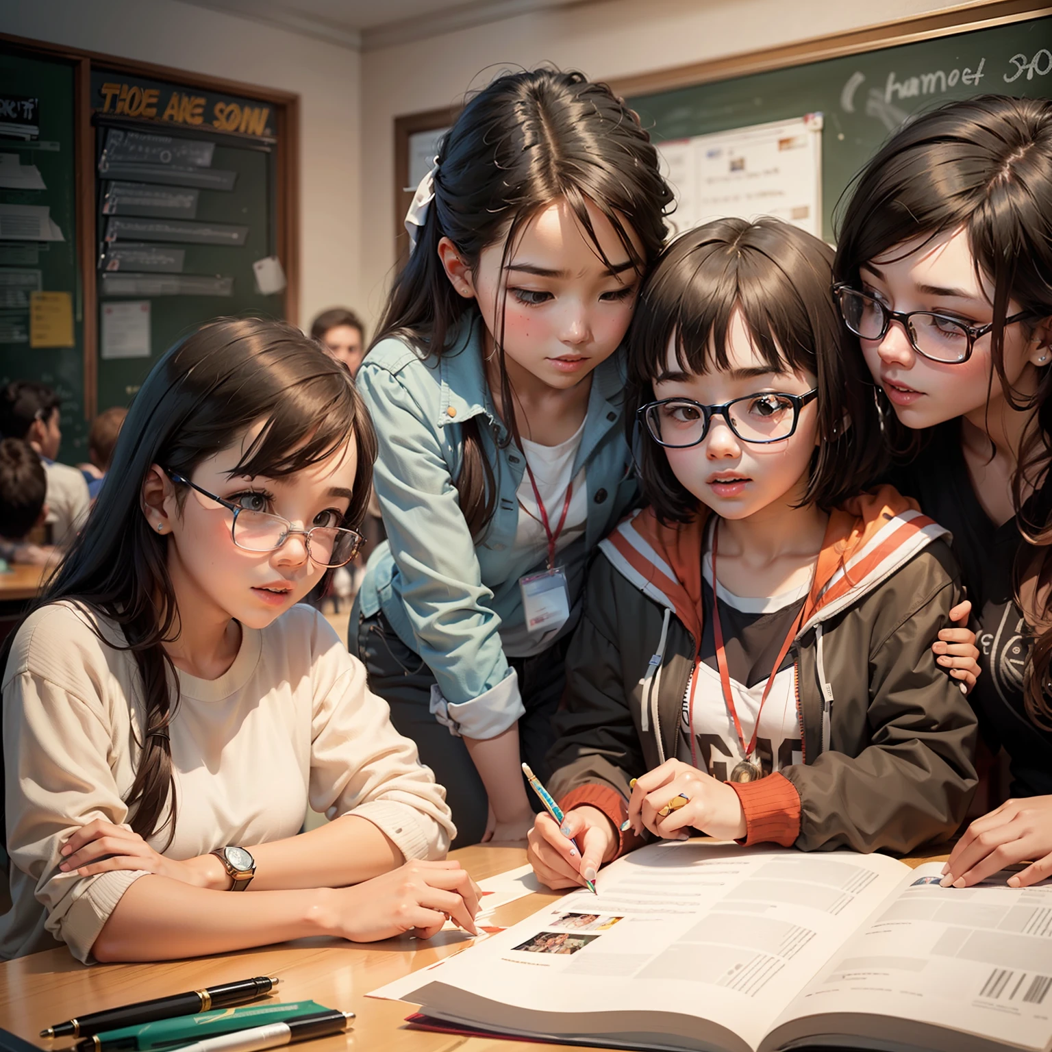 "Create a heartwarming scene of a student surrounded by a supportive network of friends, family, and mentors, providing encouragement and guidance on their educational journey."