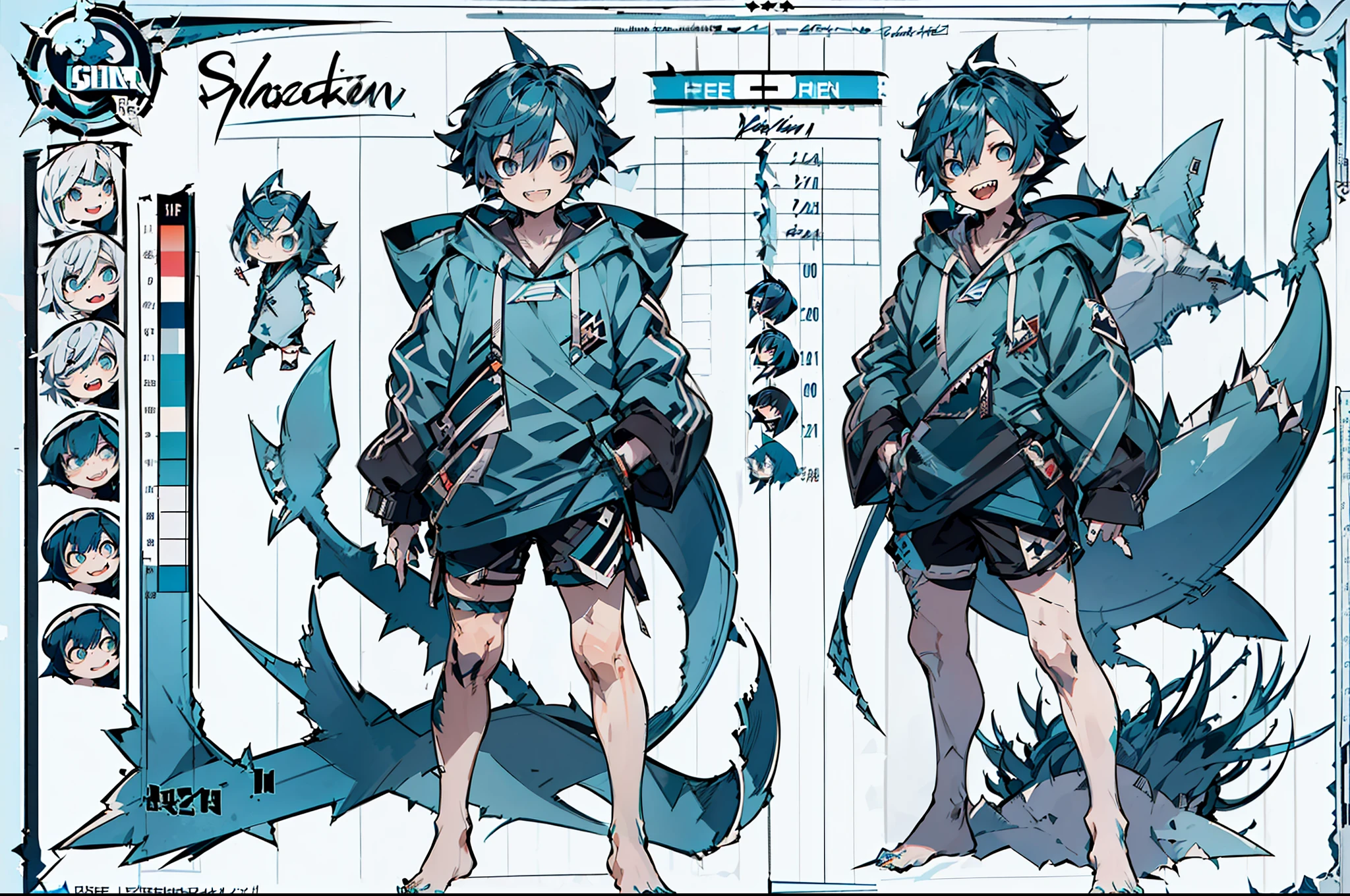 master-piece, hyper quality, hyper detailed, perfect drawing, 1boy, ((Hairstyle: Messy Japanese Round Haircut for Thick Hair)), ((blue hoodie)), ((shark tail)), ((Cute smile and sharp shark teeth), ((blue eyes)), ((blue hair,)) height 167cm, stand still, (character sheet:1.4), (concept art:1.4), fashionable