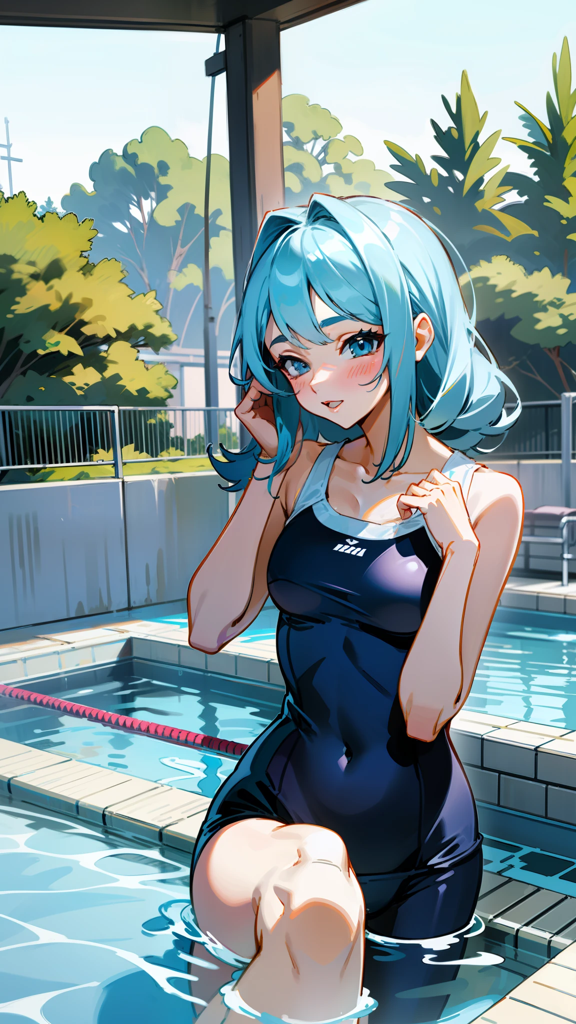 Beautuful Women，s the perfect face，tmasterpiece，swimming uniform，Raised sexy，Perfect chest，Hands dragging your face，plumw，Sexy，Need，Sit in the water，Tight swimsuit，Outline your figure，White skin，Bigchest，nakeness。