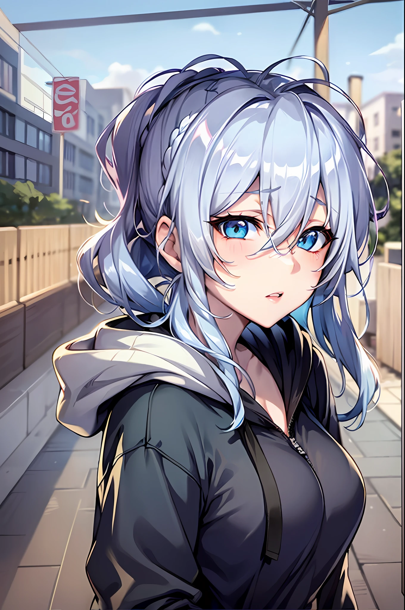 Yukino, Silver hair and  eyes in a black hoodie, anime visual of a cute girl, screenshot from the anime film, & her expression is solemn, in the anime film, in an anime, anime visual of a young woman, she has a cute expressive face, still from anime, perfect breast