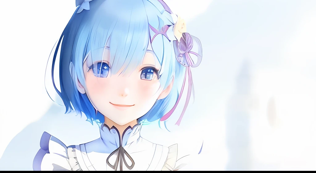 blue hair, Rem (Re:Zero), [smiling], blushing, castle scenery, masterpiece, best image quality, optimal lighting, a single girl wearing a skirt, with medium-sized breasts, smiling expression