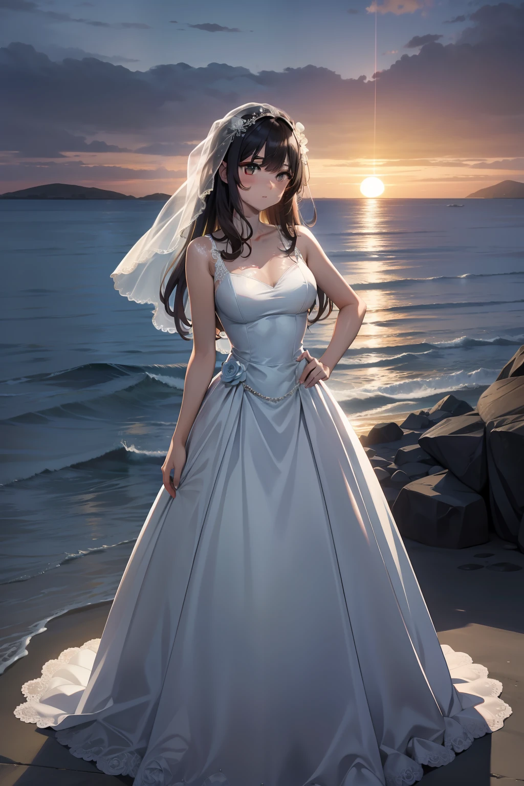 the sea,the setting sun,wedding gown,cool guy,Beautuful Women