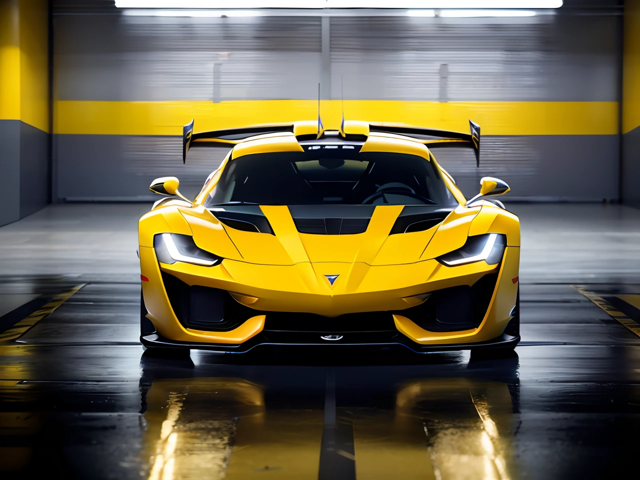 Close-up of sports car with yellow stripes in the garage,render of futuristic supercar, Super car, Sports cars, extreme render, Sports cars, cinematic front shot, Super car, ultra mega super hyper realistic, render octane, hyperrealistic”, ultra realistic”, futuristic product car shot, hyperreal rendering, stunning render, line sleek，strongman