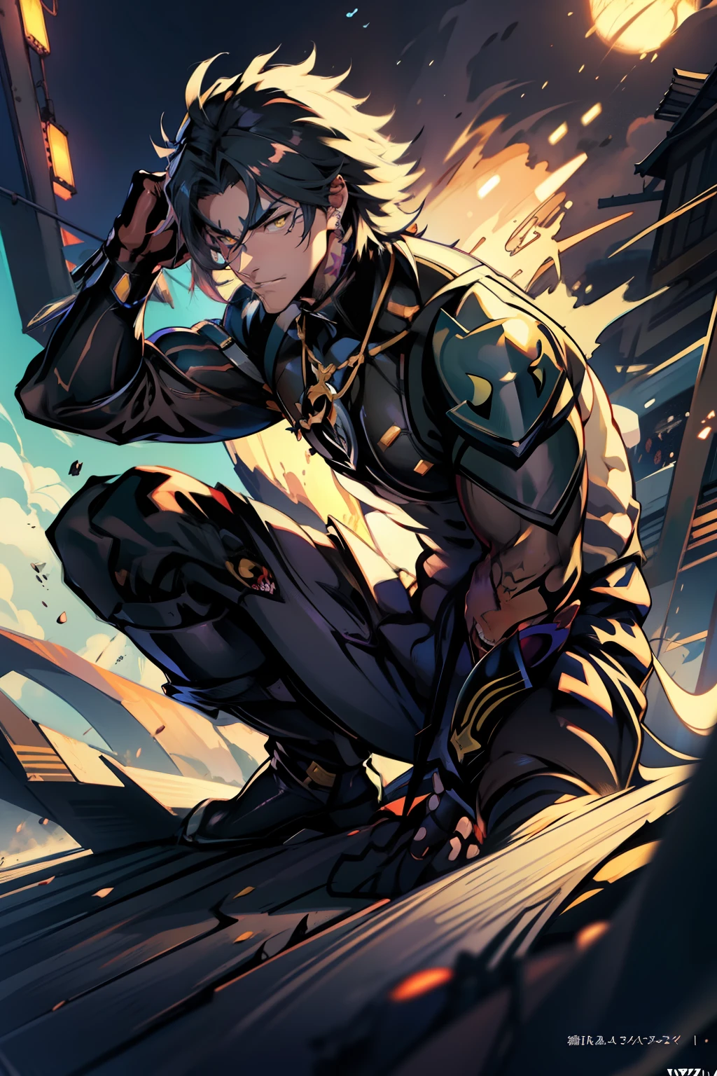 《the original god》Arataki Kazuto , male people，，((Masterpiece)), ((Best quality)), Ultra detailed,((illustration)), Dynamic Angle, Detailed light, (Delicate eyes), Floating, 1boy, Male focus, Head, Clothing, Yellow eyes, necklace, tattoo, (Forehead:0.8), (ahoge:0.8), jewelry, apathy，Ray， chest muscle， Sexy , Venom symbiote for your body, Black mucus of the body , （into venom）, Venom，frontage，style of anime4 K， 4K anime wallpaper， Badass anime 8 K， 4 k comic wallpaper， young anime man， Anime boys， Anime wallpapers 4 k， Anime wallpaper 4K， High quality anime art style， Anime moe art style， Anime art wallpaper 8 K， Anime art wallpaper 4 K， RGB lighting