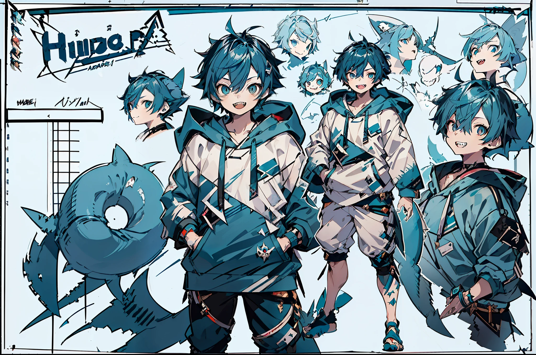 master-piece, hyper quality, hyper detailed, perfect drawing, 1boy, ((Hairstyle: Messy Japanese Round Haircut for Thick Hair)), ((blue hoodie)), ((shark tail)), ((Cute smile and sharp shark teeth), ((blue eyes)), ((blue hair,)) height 167cm, stand still, (character sheet:1.4), (concept art:1.4)