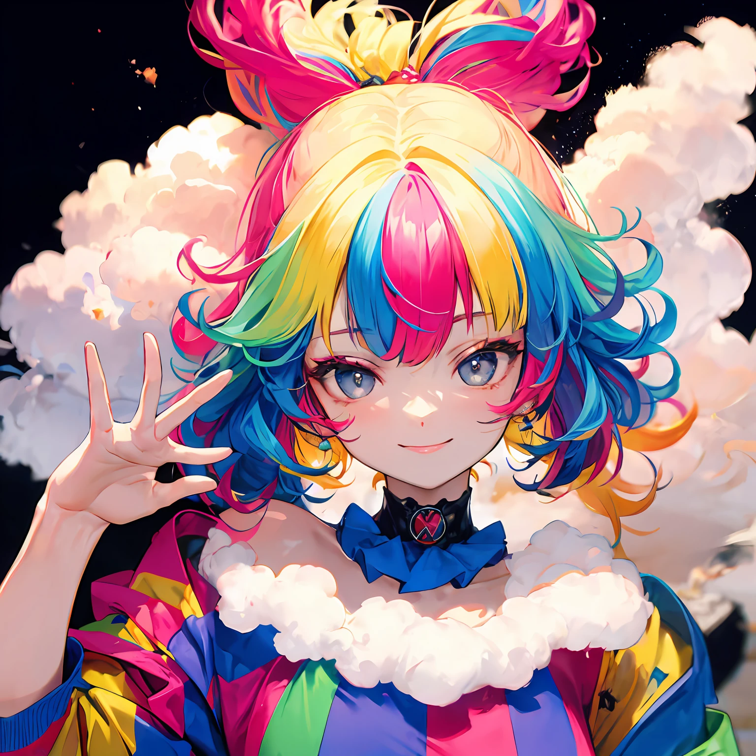 clown,smile,afro,(wavy multicolor hair:1.2),(smokeanywhere:1.4)