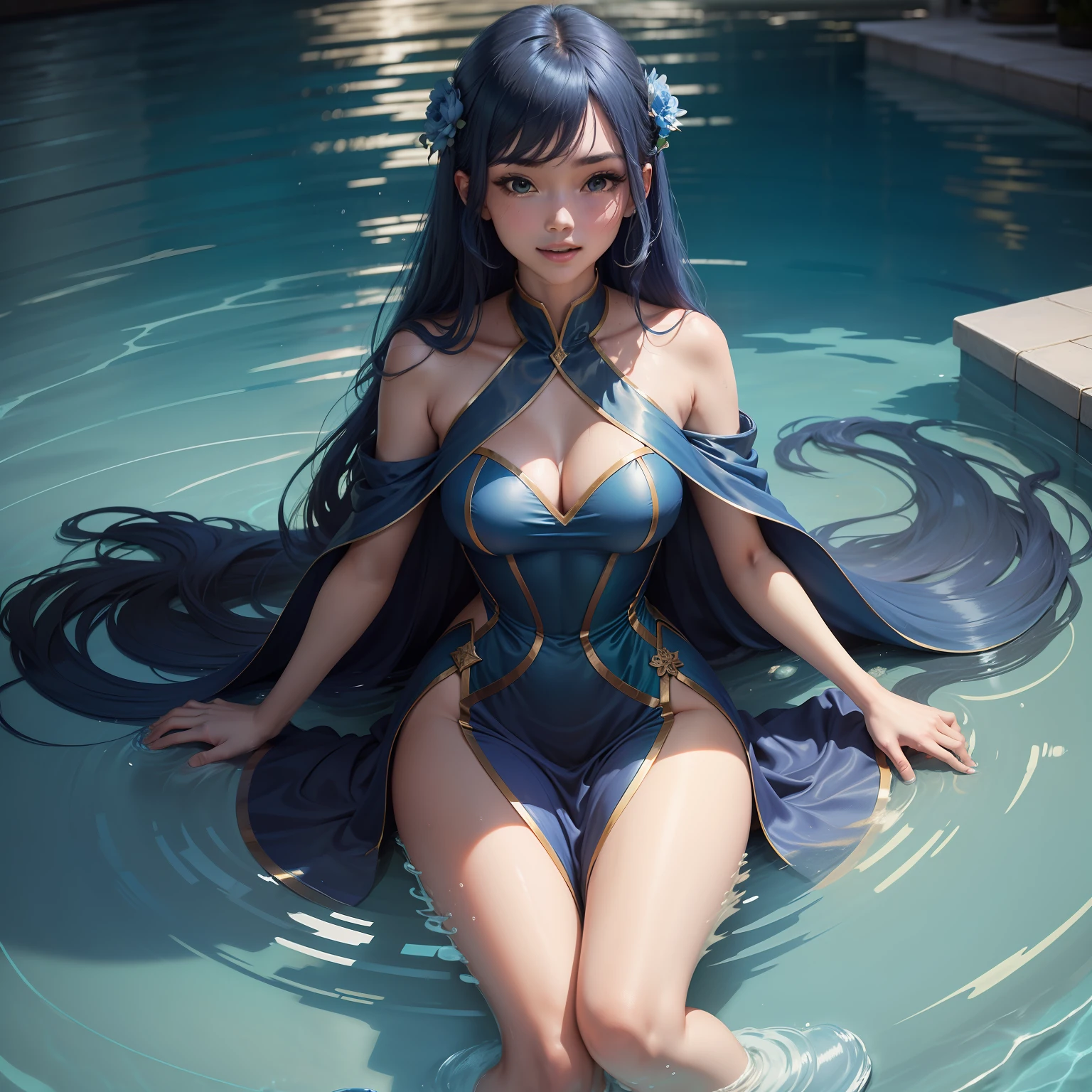 8k,Confident, cheerful and playful,Group of blue floor tiles,Gorgeous court costumes,Long dark green hair,Sitting in a pool of blue water suspended in mid-air,Above are countless silk threads,It's hard to tell if it's real or not