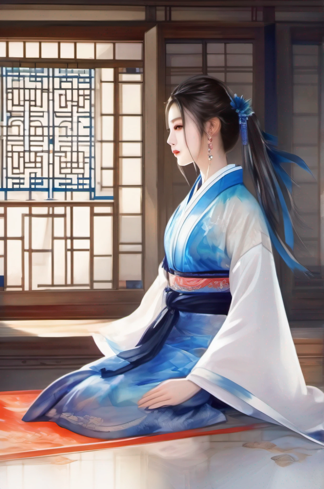 （ink and watercolor painting），frontage：one-girl，（Blue and white Hanfu），White background，（Defocus，Out of focus，softlighting，电影灯光，Skylight，hyper HD）