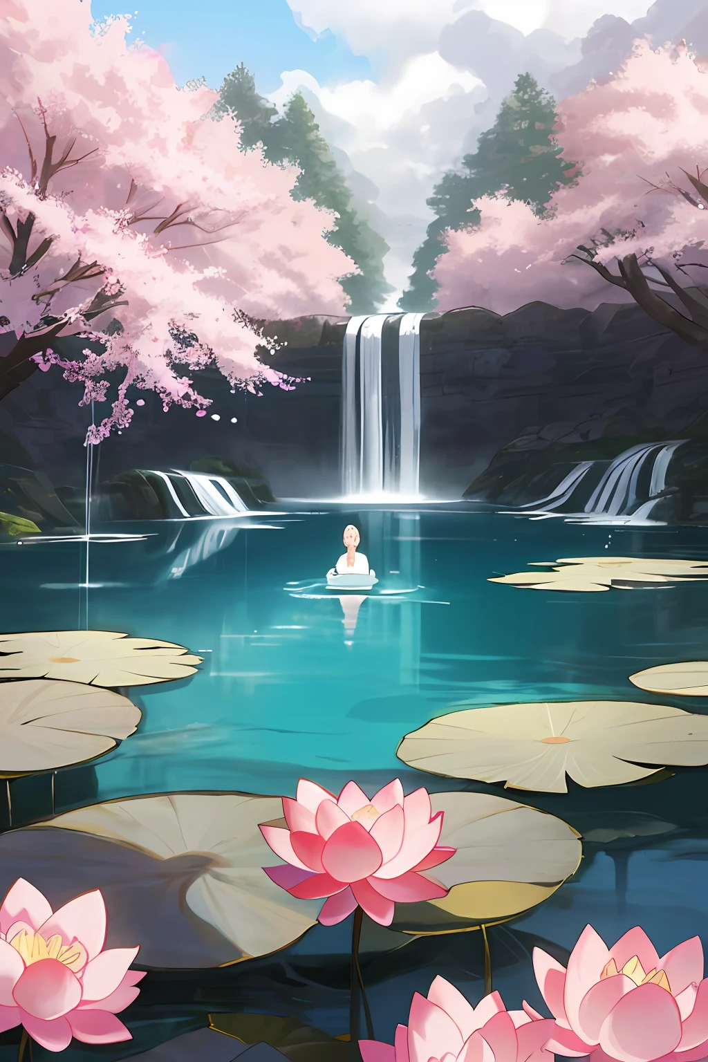 Scenes,Waterfalls all around,style of anime,There is a clear pool between the waterfalls,There is a lotus platform in the center of the pool,There was an immortal cultivator woman meditating on it,It is surrounded by cherry blossom trees,The surface of the water is filled with fog