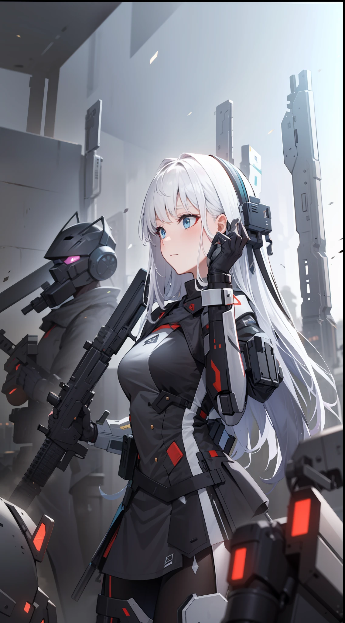 (warzone)，(Three mechanical girls)，Synths for the Imperial Army，assault rifle，a black cloak，Handsome，Ultra-modern warfare，(The helicopter flies in the air)