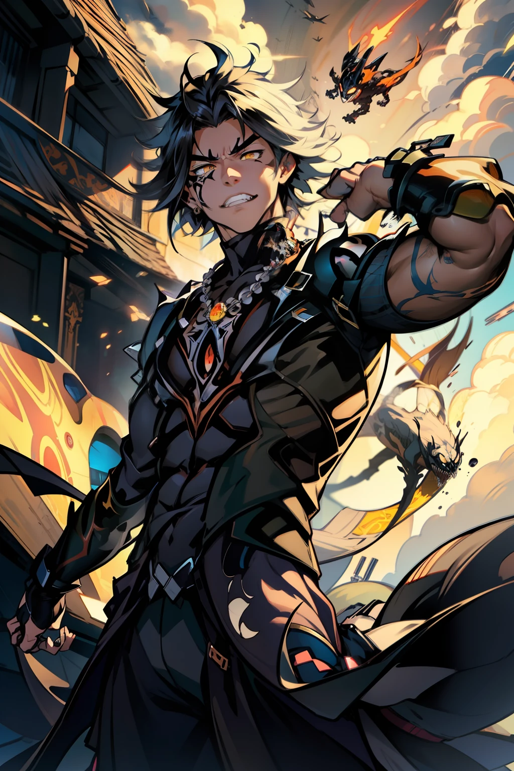 《the original god》Arataki Kazuto , male people,,((Masterpiece)), ((Best quality)), Ultra detailed,((illustration)), Dynamic Angle, Detailed light, (Delicate eyes), Floating, 1boy, Male focus, Head, Clothing, Yellow eyes, necklace, tattoo, (Forehead:0.8), (ahoge:0.8), jewelry, apathy,Ray, chest muscle, Sexy , Venom symbiote for your body, Black mucus of the body , (into venom), Venom,frontage,style of anime4 K, 4K anime wallpaper, Badass anime 8 K, 4 k comic wallpaper, young anime man, Anime boys, Anime wallpapers 4 k, Anime wallpaper 4K, High quality anime art style, Anime moe art style, Anime art wallpaper 8 K, Anime art wallpaper 4 K, RGB lighting