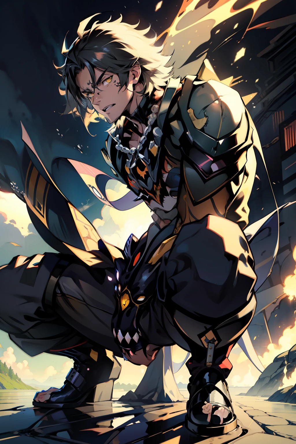 《the original god》Arataki Kazuto , male people,,((Masterpiece)), ((Best quality)), Ultra detailed,((illustration)), Dynamic Angle, Detailed light, (Delicate eyes), Floating, 1boy, Male focus, Head, Clothing, Yellow eyes, necklace, tattoo, (Forehead:0.8), (ahoge:0.8), jewelry, apathy,Ray, chest muscle, Sexy , Venom symbiote for your body, Black mucus of the body , (into venom), Venom,frontage,style of anime4 K, 4K anime wallpaper, Badass anime 8 K, 4 k comic wallpaper, young anime man, Anime boys, Anime wallpapers 4 k, Anime wallpaper 4K, High quality anime art style, Anime moe art style, Anime art wallpaper 8 K, Anime art wallpaper 4 K, RGB lighting