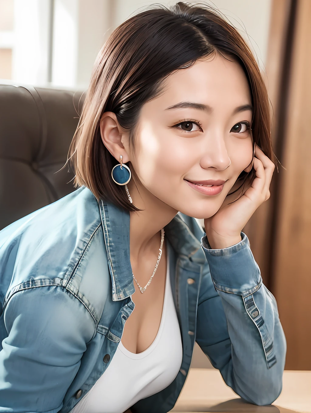 Smiling minchen, ridiculous, closed mouth, balanced eyes, (Best Quality Detail: 1.2), Realistic, 8K HD, Ultra Detailed, High Quality Texture, Complex Detail, Detailed Texture, Fine Detail, High Detail, Very Detailed CG, High Quality Shadows, Delicate Beautiful Delicate Face, (Delicate Beautiful Delicate Eyes: 1.32), Depth of Field, Ray Tracing, (A Beautiful 25-Year-Old Cute Japanese Lady: 1), Small Breasts, Tall Feminine, Beautiful Legs, Glowing Eyes, Blush, Perfect Petite, Scrawny, Blurred Outdoor Background, Silver Tight Bra, Blue Taste Denim Jacket, Cardigan Coat: 1.1, [Brown skirt]: 1, stockings and suspenders: 1.2, short hair, comfortable living room, sunshine, kneeling on sofa, earrings, necklace, model, looking at the audience, dynamic pose, earrings, necklace, model, looking at the audience, from the side, dynamic pose, front