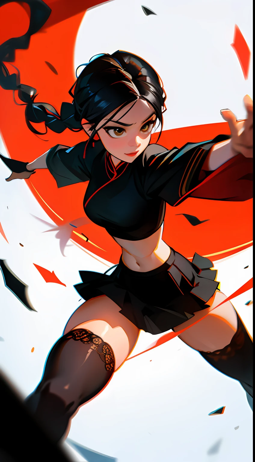 Chinese beautiful woman，Kungfu，Throw a throwing knife from your hand，Pointing at the camera，（The throwing knife flicks towards the camera），Vintage lace，Sexy clothing，underdressing，Bandeau，deep v big breasts，Chest leakage，Leaky belly button，short  skirt，blackstockings，Flowing twisted braids，A flower in your hair，（looking to the camera），A look of determination，The picture is extremely tense，Dashing，Raised sexy，carismatic，Energetic，Dynamic，Large viewing angle，Grandiose scenes，tmasterpiece，（8K）（High quality details）（super high image quality）（best qualtiy）The picture is complete