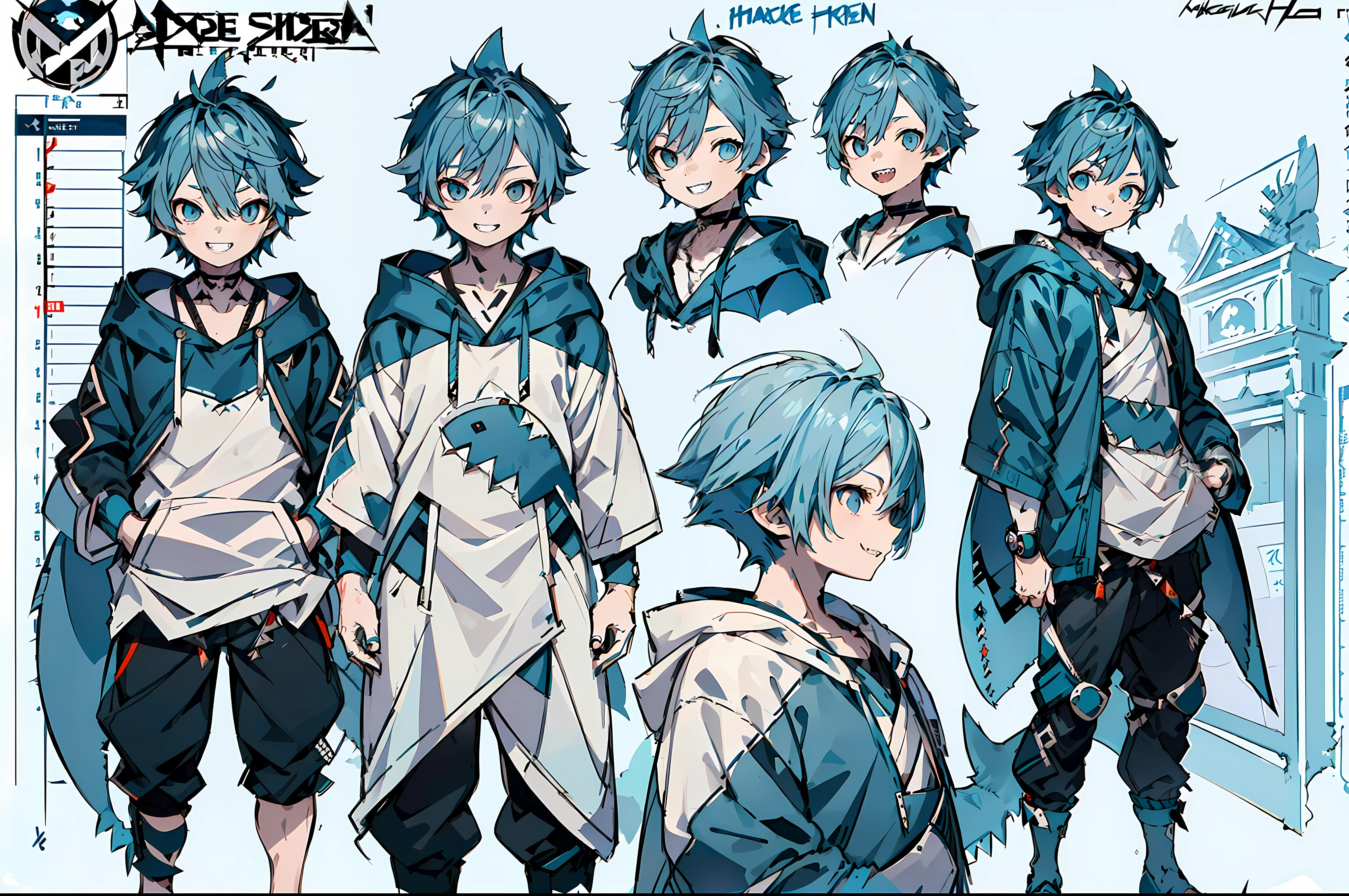 master-piece, hyper quality, hyper detailed, perfect drawing, 1boy, ((Hairstyle: Messy Japanese Round Haircut for Thick Hair)), ((blue hoodie)), ((shark tail)), ((Cute smile and sharp shark teeth), ((blue eyes)), ((blue hair,)) height 167cm, stand still, (character sheet:1.4), (concept art:1.4), fashionable