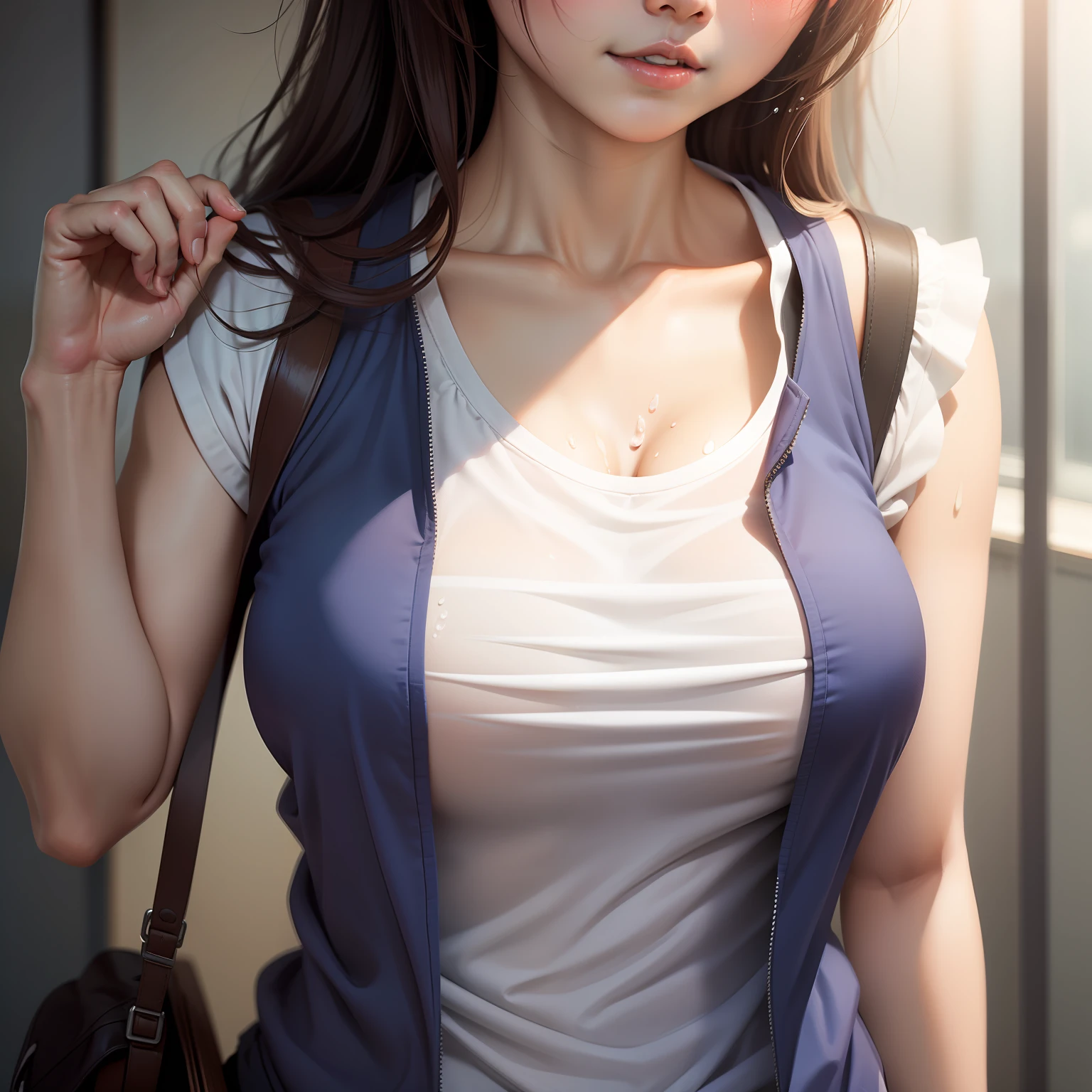 Half-body Japan female student,Bigchest,Wearing sweat,Soaked translucent vest,