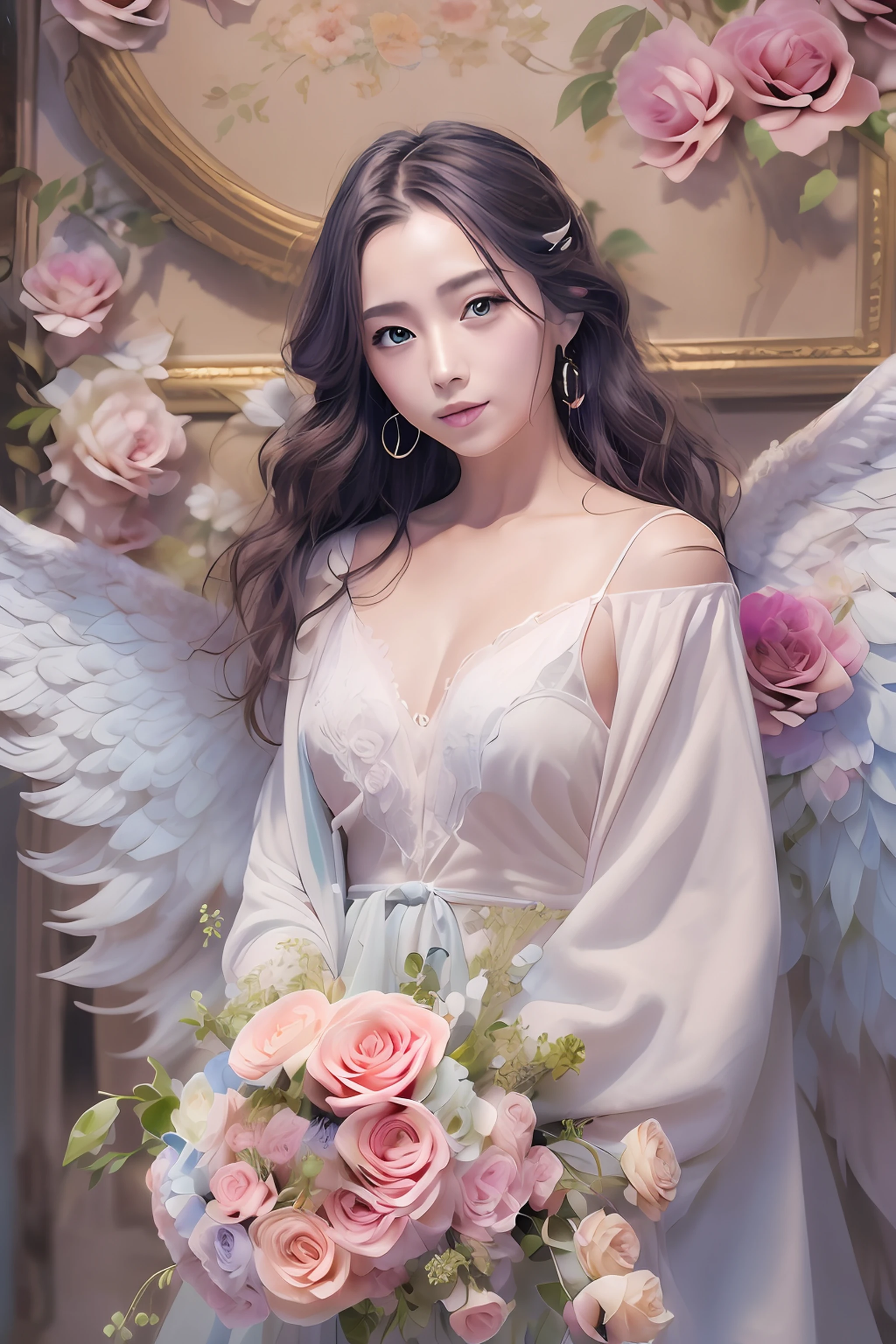 (Angel wings、😇、a smile、😌🥰Archaic Smile).hyper realstic、Ultra-realistic、Depiction of the human body without distortion、Monna Lisa、Woman in the Arms、Near and far law、Three-dimensional、Contemporary painting、moderno、world masterpiece、collection、Homage to the art or artist work of Picasso and Renoir, Not sentimental、Excellent portrayal、Gentle expression、More detailed character faces, Serious competition、Compositions like paintings、(Konmutsuki_Gacha_Series 1, punk_rosette), Realistic、Delicate brushwork、aqua color flowers, (Full body, elegant flowers background)