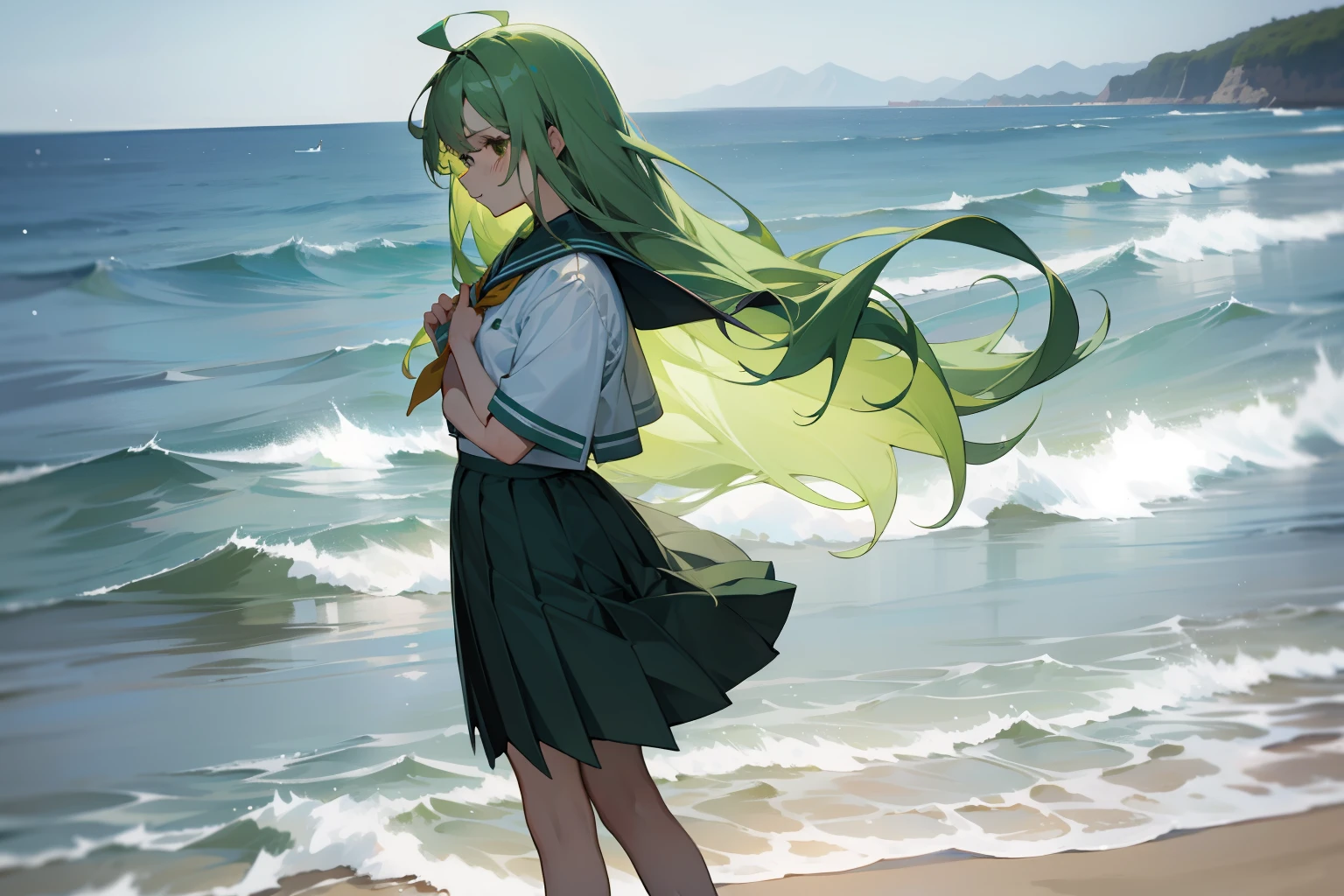 (tmasterpiece:1.2,high high quality),(Beautiful girl in sailor suit),(bandagens),(beachside),(Long green hair),(Some messy long hair),(Melancholy eyes),(Light green eyes) ,(Girl standing by the sea),(a black pleated skirt),(cold shades)