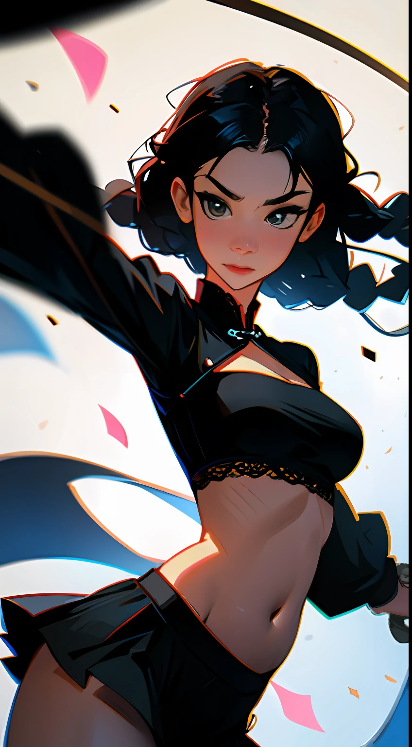 Chinese beautiful woman,Kungfu,Throw a throwing knife from your hand,Pointing at the camera,(The throwing knife flicks towards the camera),Vintage lace,Sexy clothing,underdressing,Bandeau,deep v big breasts,Chest leakage,Leaky belly button,short skirt,blackstockings,Flowing twisted braids,A flower in your hair,(looking to the camera),A look of determination,The picture is extremely tense,Dashing,Raised sexy,carismatic,Energetic,Dynamic,Large viewing angle,Grandiose scenes,tmasterpiece,(8K)(High quality details)(super high image quality)(best qualtiy)The picture is complete
