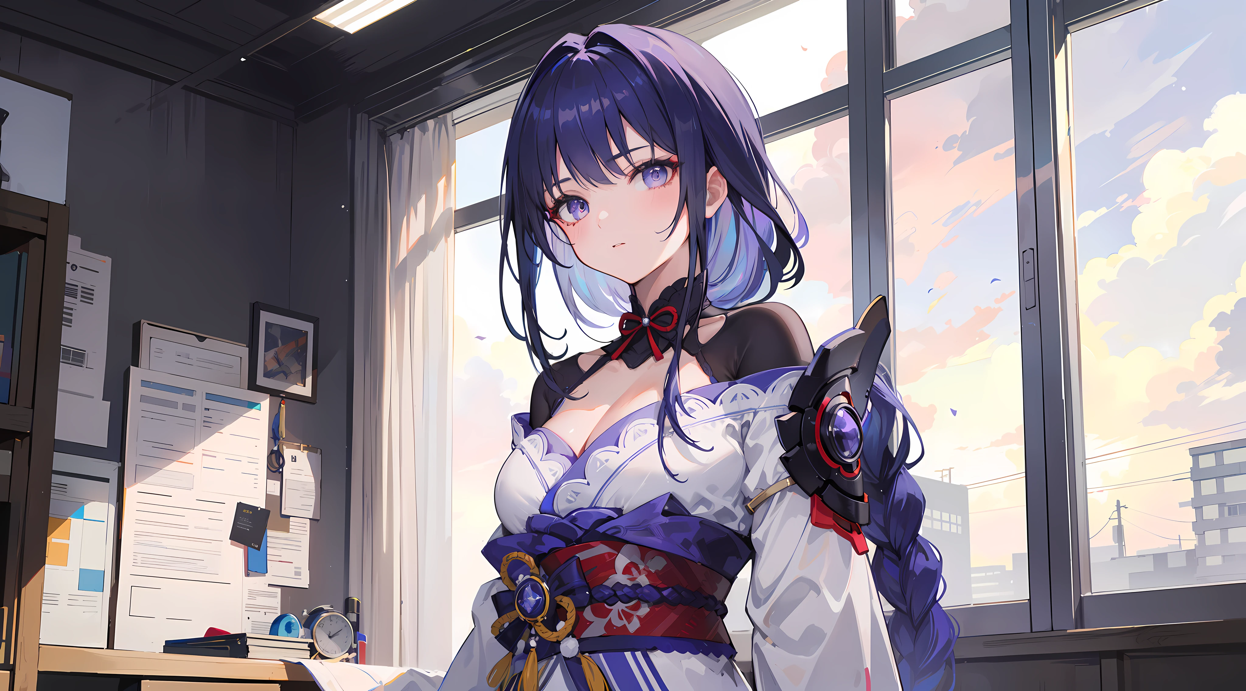 electrician girl, electrician suit, upper body, seductive look, blush, indoors, in office, looking at viewer, cloudy, moody lighting, (perfect detail eyes:1.2), glowing eyes, (long hair one braid:1.2), elemental skill effect, (Masterpiece, Best Quality, High Quality:1.4), professional artwork, Intricate Details, field of view, sharp focus, detailed painting, photorealistic lighting, trending on pixiv, (vivid lighting, vibrant colors:1.05), realistic shadows, ambient occlusion, (athletic body:1.3), mature woman, 30yo, raidenshogun, hyperdetail eyes, beautiful eyes, (((solo:1.4))), semi-realistic hair, hyperdetailed clothes