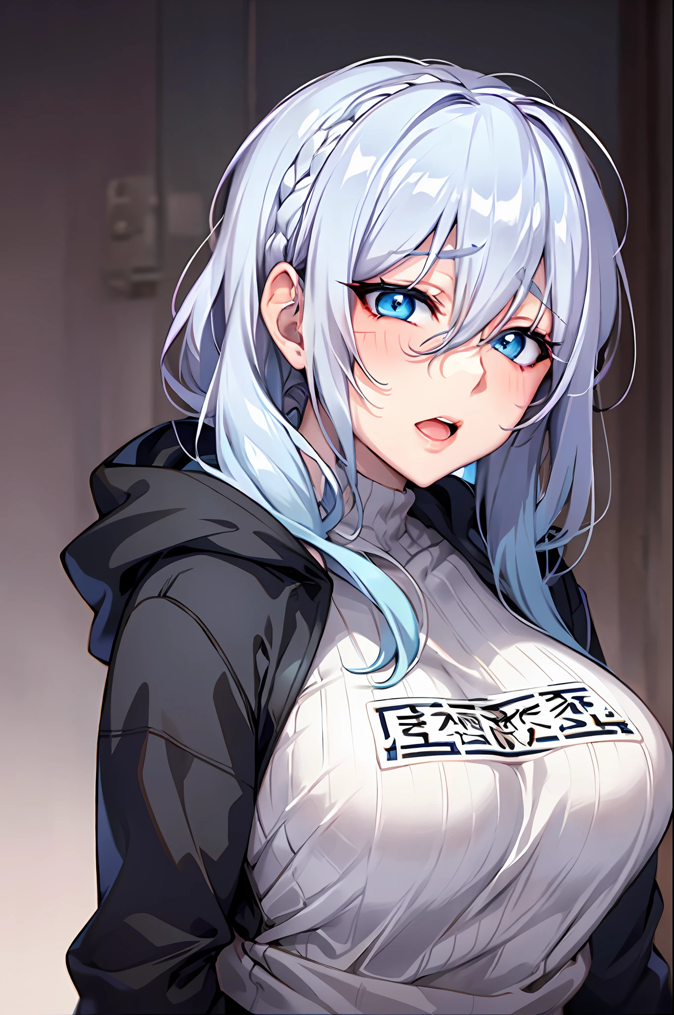 Yukino, Silver hair and  eyes in a black hoodie, anime visual of a cute girl, screenshot from the anime film, & her expression is solemn, ahegao face, in the anime film, in an anime, anime visual of a young woman, she has a cute expressive face, still from anime, perfect breast