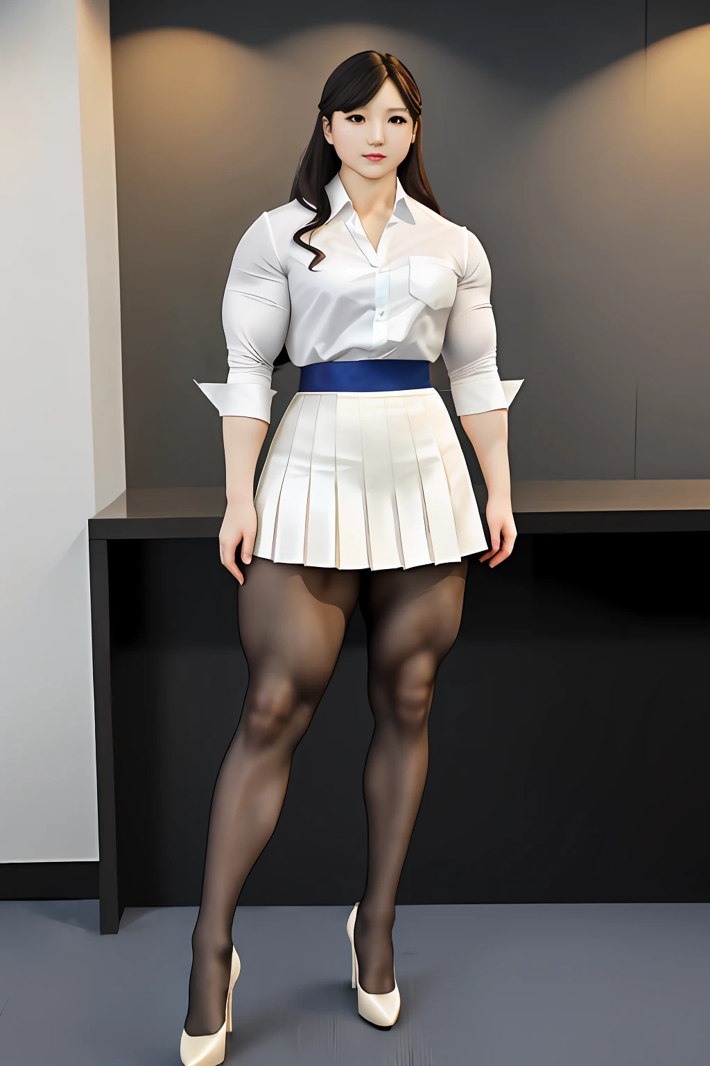 Best quality,tmasterpiece,超高分辨率,A pair of GGX heels,1girll,white shirt,tiese,lacepantyhose,Exaggerated large muscles,long leges,Full body like,standing on your feet,Stout arms,thick leg