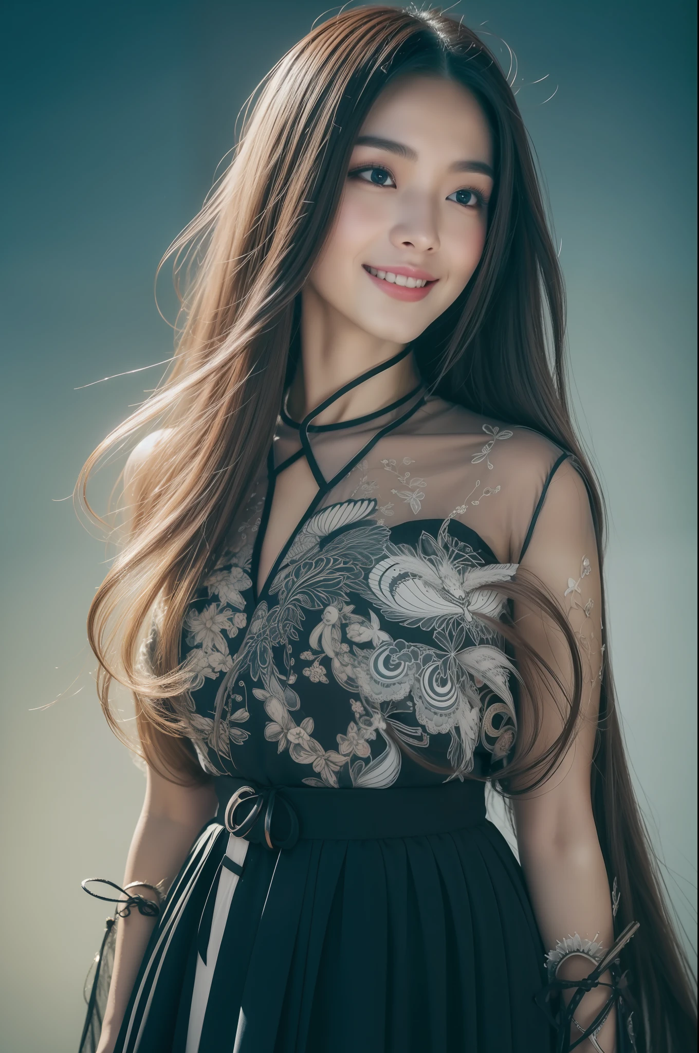 Official Art, Unified 8K Wallpapers, Ultra Detailed, Beautiful and Aesthetic, Masterpiece, Best Quality, (Zentangle, Tangle, Entangle), (fractal art: 1.4), 1girl close-up, long black hair, long flowing hair, fringed hair ornament, Chinese, black and white hanfu, fringed waist ornaments, jade pendant, long skirt, horse face skirt, tulle clothes, cloudy and misty, petals, very detailed, dynamic angle, cowboyshot, (most beautiful form chaos), flowing, oc, (half: 1), Chinese, black and white main color, black long dress, white flying dragon, (ribbon: 1.3), (dream: 1.5), (Hanfu: 2), Chinese dragon, Chinese phoenix, (smile: 0.5 ), (Chinese deities), n
