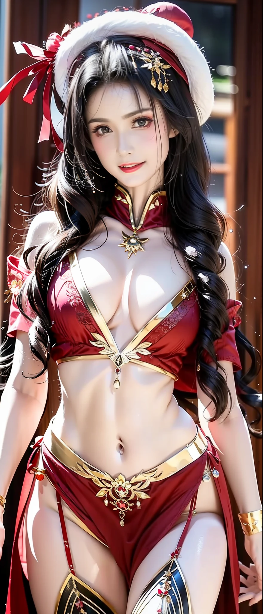 Sexy lace clothing， Open V chest clothes
The clothes are fitted with gold edges（gilded with gold）Star pupil hair ornament necklace jewelry
Wavy detail hair，A tattoo of a peony flower blooming bright red,Delicately showing the texture and texture of the petals，Breeze hat ribbon，Soft natural light，cinematric light， Sideslit，light particules， lens flare glow， Luminous Particle