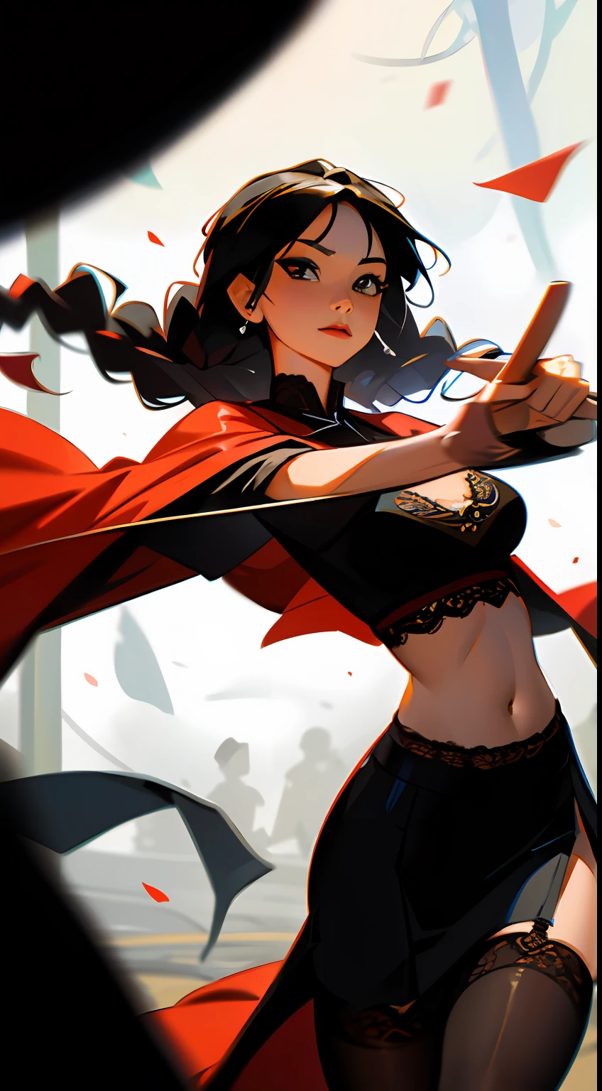Chinese beautiful woman,Kungfu,Throw a throwing knife from your hand,Pointing at the camera,(The throwing knife flicks towards the camera),Vintage lace,Sexy clothing,Lace sheer bra,Lace sheer panties,deep v big breasts,Chest leakage,Leaky belly button,Cloak,blackstockings,Flowing twisted braids,A flower in your hair,(looking to the camera),A look of determination,The picture is extremely tense,Dashing,Raised sexy,carismatic,Energetic,Dynamic,Large viewing angle,Grandiose scenes,tmasterpiece,(8K)(High quality details)(super high image quality)(best qualtiy)The picture is complete