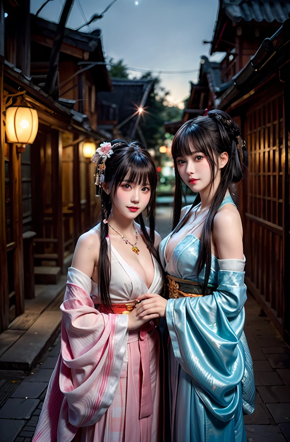shukezouma, rendering by octane, hdr, (ultra - detailed:1.15), (Soft light, Sharp:1.2), (((Two girls,duo))),Beautiful girls,(City lights:1.9),in summer,Onsen,(Nature:1.9),Black hair,Very long hair,grin,Sexy,unaligned breasts, Dynamic Angle,Dynamic pose,Outdoors,Chinese style architecture,High color saturation,Color saturation,(jewelry:1.4),putting on jewelry, Ray tracing,Cinematic lighting,(RAW photo:1.2), (Photorealistic:1.4), absurderes,hyper detail eyes, mature, Onsen,Night,Painting drops, paint teardrops, woman made up from paint, entirely paint, splat, Splash, Long colored hair, Kimono made of paint, Ultra-fine texture kimono, Paint kimono, paint bulb, Exposed cleavage, paint drops, Exposed shoulders, Tears,shoulders are visible, Thighs exposed, seminude, focus onface, Beautiful face, eye shadows, Dark circle contour, russian face, Russian girl, mascara, Beautiful, 18yr old