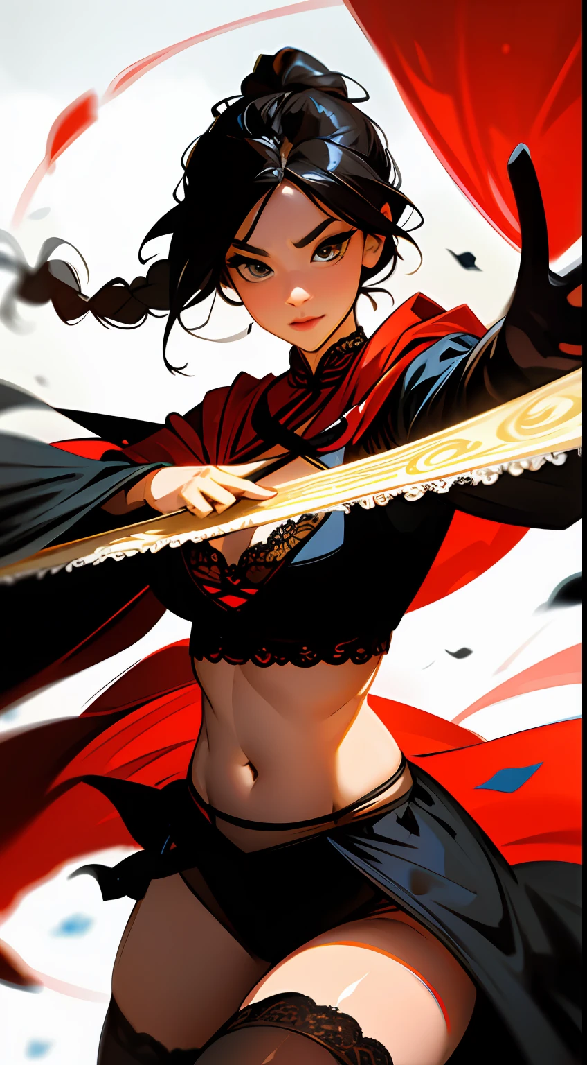 Chinese beautiful woman,Kungfu,Throw a throwing knife from your hand,Pointing at the camera,(The throwing knife flicks towards the camera),Vintage lace,Sexy clothing,Lace sheer bra,Lace sheer panties,deep v big breasts,Chest leakage,Leaky belly button,Cloak,blackstockings,Flowing twisted braids,A flower in your hair,(looking to the camera),A look of determination,The picture is extremely tense,Dashing,Raised sexy,carismatic,Energetic,Dynamic,Large viewing angle,Grandiose scenes,tmasterpiece,(8K)(High quality details)(super high image quality)(best qualtiy)The picture is complete
