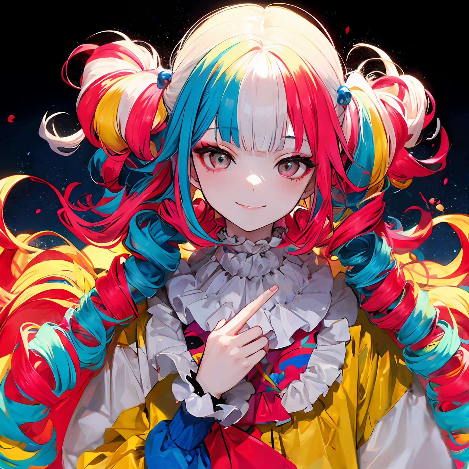 clown,smile,drill_hair,(wavy multicolor hair:1.2),(smokeanywhere:1.4)