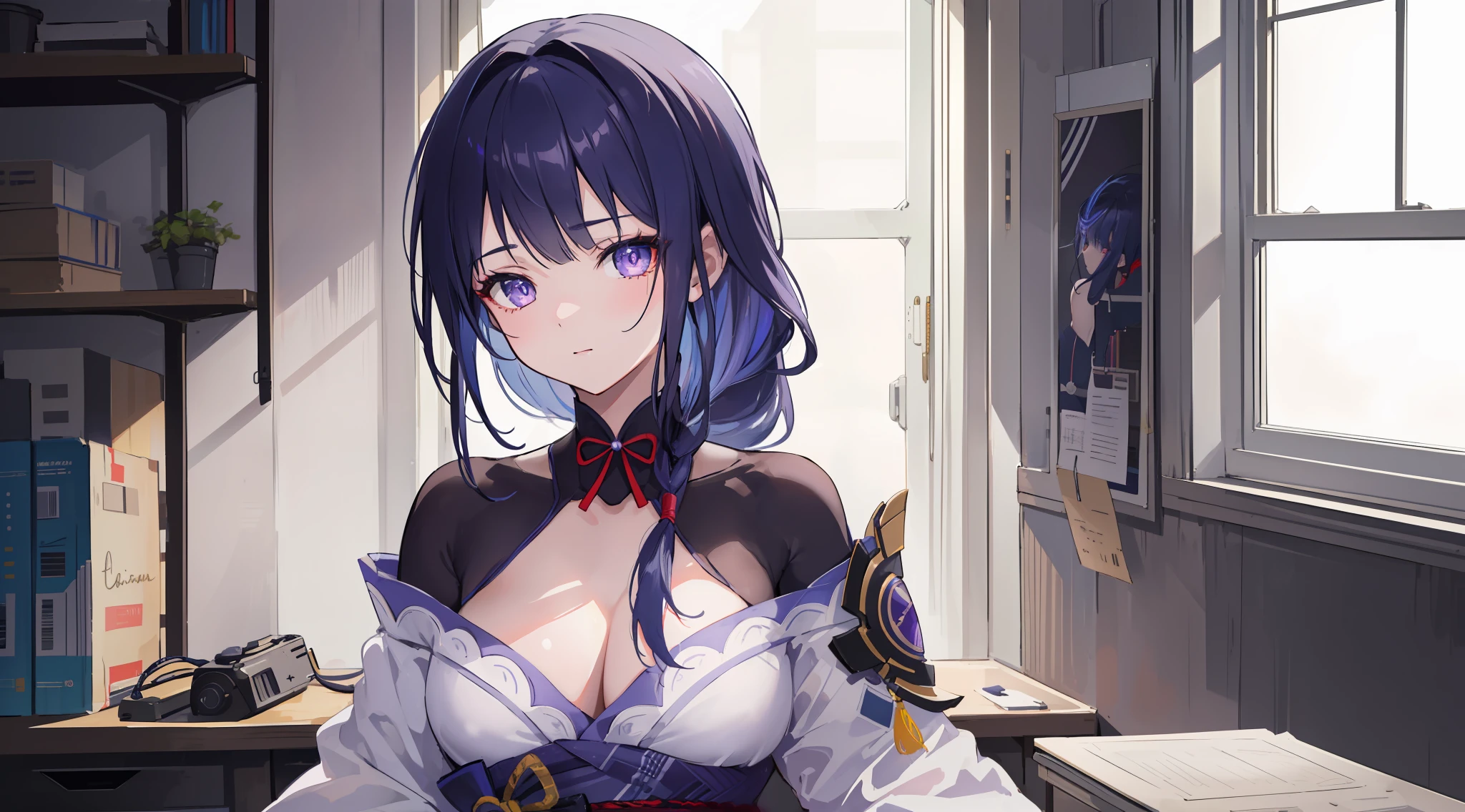 electrician girl, electrician suit, upper body, seductive look, blush, indoors, in office, looking at viewer, cloudy, moody lighting, (perfect detail eyes:1.2), glowing eyes, (long hair one braid:1.2), elemental skill effect, (Masterpiece, Best Quality, High Quality:1.4), professional artwork, Intricate Details, field of view, sharp focus, detailed painting, photorealistic lighting, trending on pixiv, (vivid lighting, vibrant colors:1.05), realistic shadows, ambient occlusion, (athletic body:1.3), mature woman, 30yo, raidenshogun, hyperdetail eyes, beautiful eyes, (((solo:1.4))), semi-realistic hair, hyperdetailed clothes