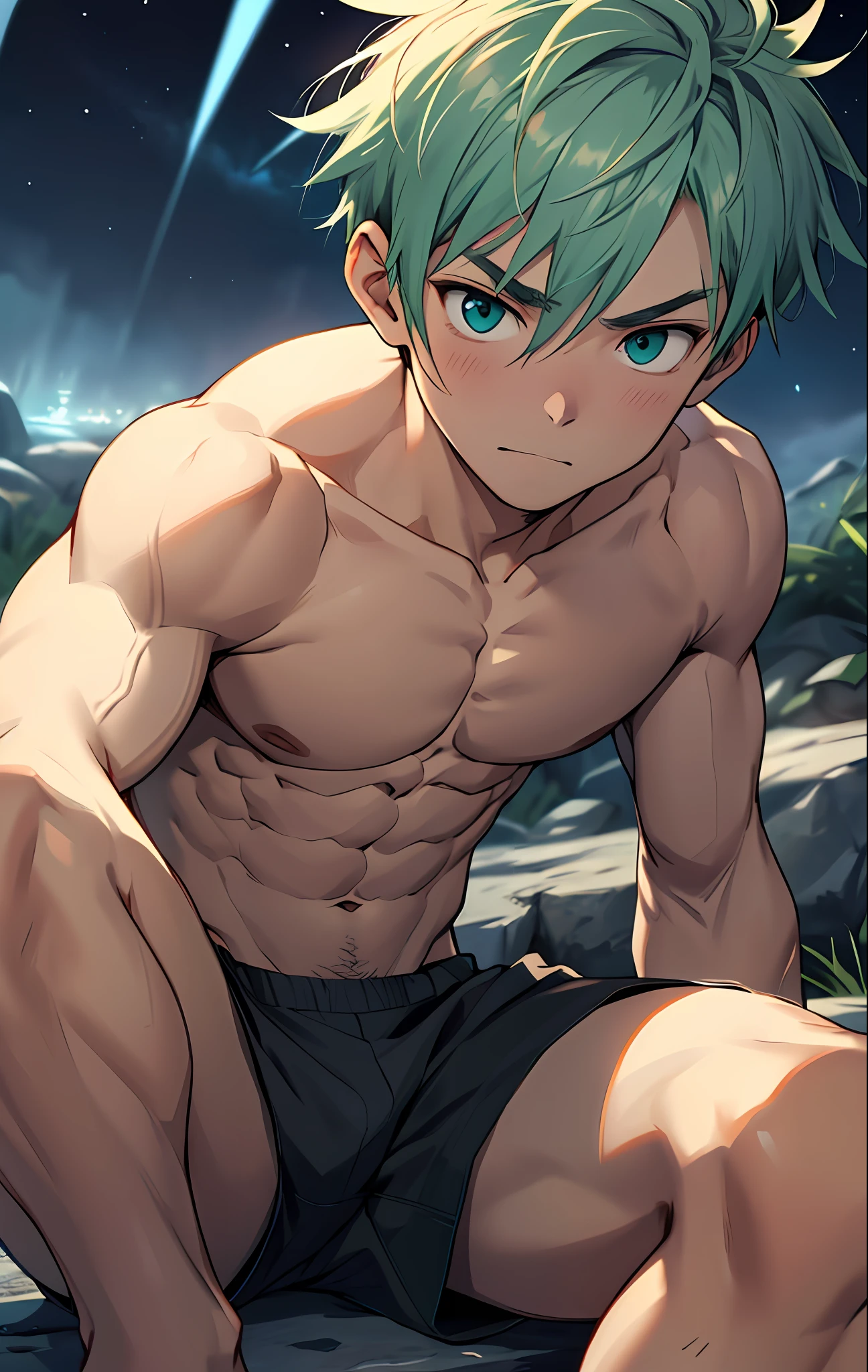 A small child,(younge boy,Kid's face,elementary student,Juvenile faces,a baby face,kiddy big breasts,infancy),nakeness,Round eyes,(Thick chest hair),(Thick abdominal hair),No beard,(Thick tail),rainbowing,Short round face,Flat chin,Fine face in detail,Teal briefs,Muscular and strong,Short light yellow-green hair,(Gradient hair color),nakeness,Teal briefs,Pectoralis abdominal muscles,Bare pectoralis abs,the night,vivd colour,(depth of fields:1.2),spread their legs,legs separated,Keep your legs straight,Close-up Shot Shot,rainbowing