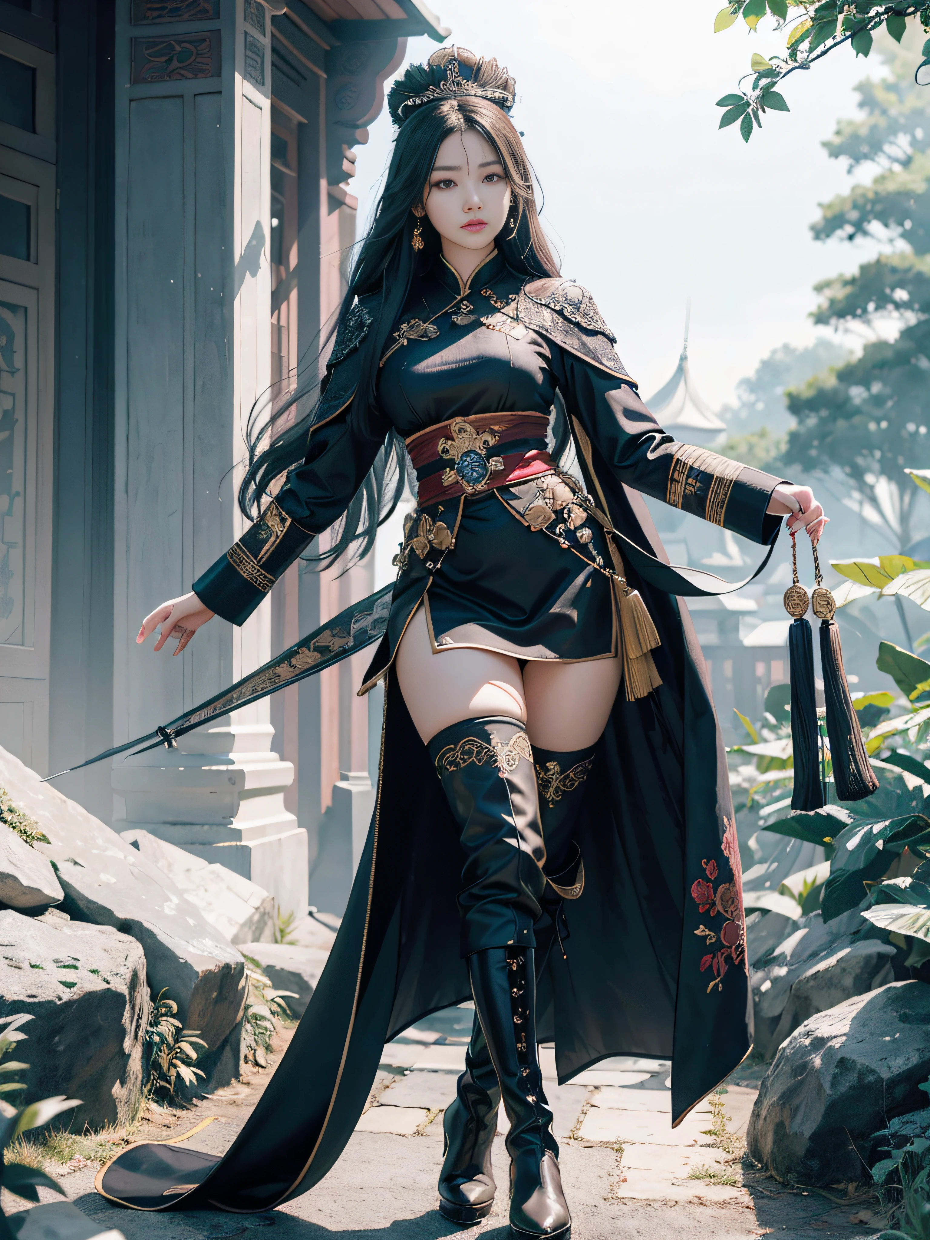 Royal sister,Big sister type,Oriental women,gallant woman,Cold sass,,tmasterpiece,A high resolution,,Absolutely beautiful,,are standing,Queen temperament,exquisitedetails,A high resolution,Wallpapers,1female,独奏,,enchanted、Raised sexy, Rich expressions, trinkets,Fluttering, Hanfu,,long trousers,Long boots,Reveal the appearance of long boots,Show stockings,over knee socks,embroidery, natural poses,standing on your feet, Fanning,16K,HDR,A high resolution,depth of fields,Bocoon,prime time,Vignette,rainbowing,(Wide buttock:1.4),(Thick legs:1.4)