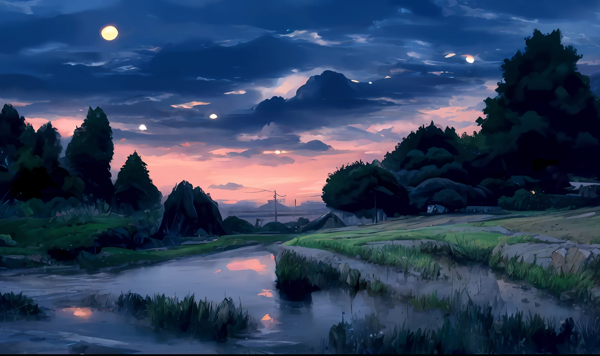 painting of a river with a bridge and a bridge in the distance, anime countryside landscape, anime landscape, anime landscape wallpaper, twilight ; digital painting, anime scenery, beautiful anime scenery, beautiful anime scene, inspired by Makoto Shinkai, anime background art, twilight ; digital oil painting, mokoto shinkai, scenery artwork, style of makoto shinkai
