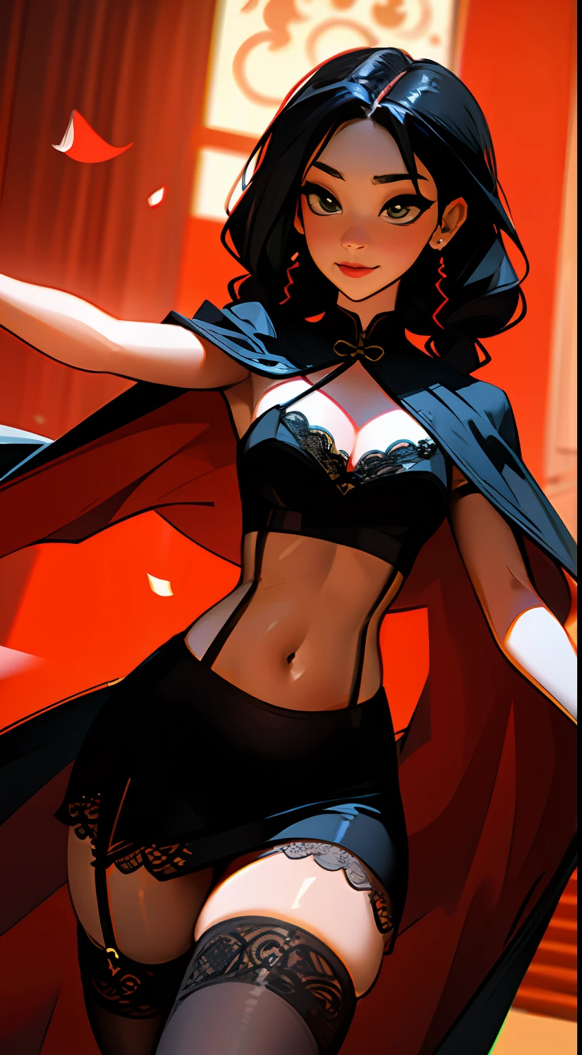Chinese girl,Sexy figure,Hot body,Throw a handful of rose petals from your hand,Pointing at the camera,(Petals fly towards the camera),Vintage lace,Sexy clothing,Lace mesh sheer bra,Lace mesh sheer panties,deep v big breasts,nedium breasts,Leaky belly button,Mesh cape,Suspender black stockings,Flowing twisted braids,(looking to the camera),Seductive eyes,The picture is extremely tempting,Dashing,big breasts exposed cleavage,The kinky is exposed,Taste,Raised sexy,carismatic,Dynamic,Large viewing angle,tmasterpiece,(8K)(High quality details)(super high image quality)(best qualtiy)The picture is complete