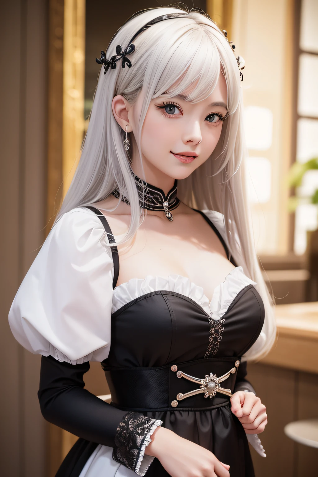 1womanl,(realisticlying,realisticlying:1.5),(tmasterpiece),(best qualtiy:1.4),(hyper HD:1.2),(RAW photogr:1.2),(sharpfocus:1.3),(Face focus:1.2),japanaese girl,Professional clothing,(young :1.1),(joyful smile:1.5),(Hairy cuts:1.6),(Japanese idol costume white,Black and pink:1.4),(beautyface:1.7),(Beautiful dress in detail:1.4),Gothic maid,(Professional photos of Japanese girls), middlebreast, (: 1.3), (Wide open chest),short detailed hair, (Detailed silver hair), (twosideup), (peeping at the viewer: 1.2), (Music DJ cover art: 1.1), ( Music Design Art Stage: 1.4), (simple grey background: 1.6), Gorgeous golden lights, Break, (The large), beatiful detailed eyes, (adolable)