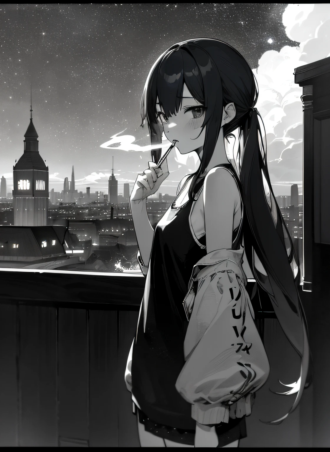 (((in 8K, Raw photo, Best Quality))), 超A high resolution, ultra-detailliert, Illustration, Monochrome world、black-and-white、(anthwve style: 1) (nvinkpunk: 0.7) 、Smoking cigarettes、PUNK ROCK、Tank Top Girl、High Details、foco nítido、natural soft light、Subsurface scattering、F2、35mm、film grains, Astonaut, Environment only, labo, Spacecraft, Made of stone, Night, Starry sky, building, Future, imagine, Outdoors, Background only、phantasm、fanciful、tobacco、Lucky Strike、American Vintage、Boldly rake up your hair、Smoke、adult lady、Glamus American、disheveled hair