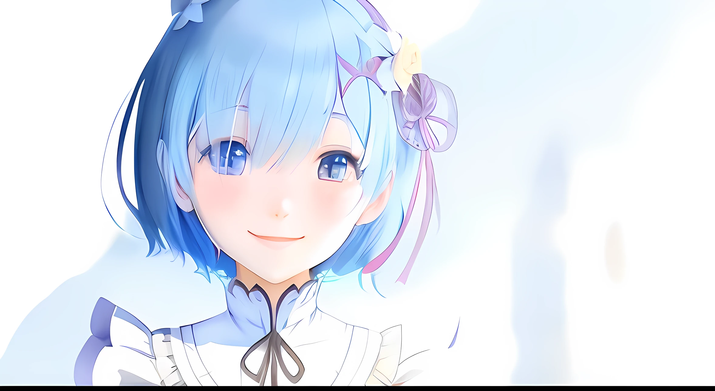 blue hair, Rem (Re:Zero), [smiling], blushing, castle scenery, masterpiece, best image quality, optimal lighting, a single girl wearing a skirt, with medium-sized ???????, smiling expression