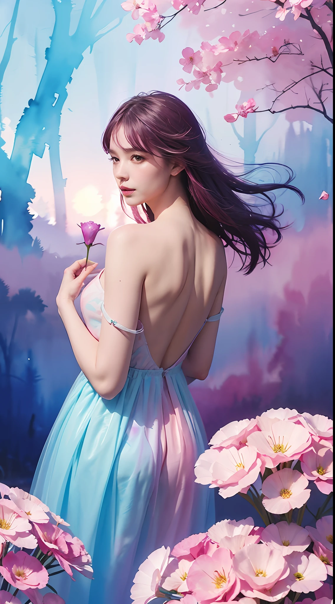 1girl,flower, Lisianthus ,in the style of light pink and light azure, dreamy and romantic compositions, pale pink, ethereal foliage, playful arrangements,fantasy, high contrast, ink strokes, explosions, over exposure, purple and red tone impression , abstract, ((watercolor painting by John Berkey and Jeremy Mann )) brush strokes, negative space,