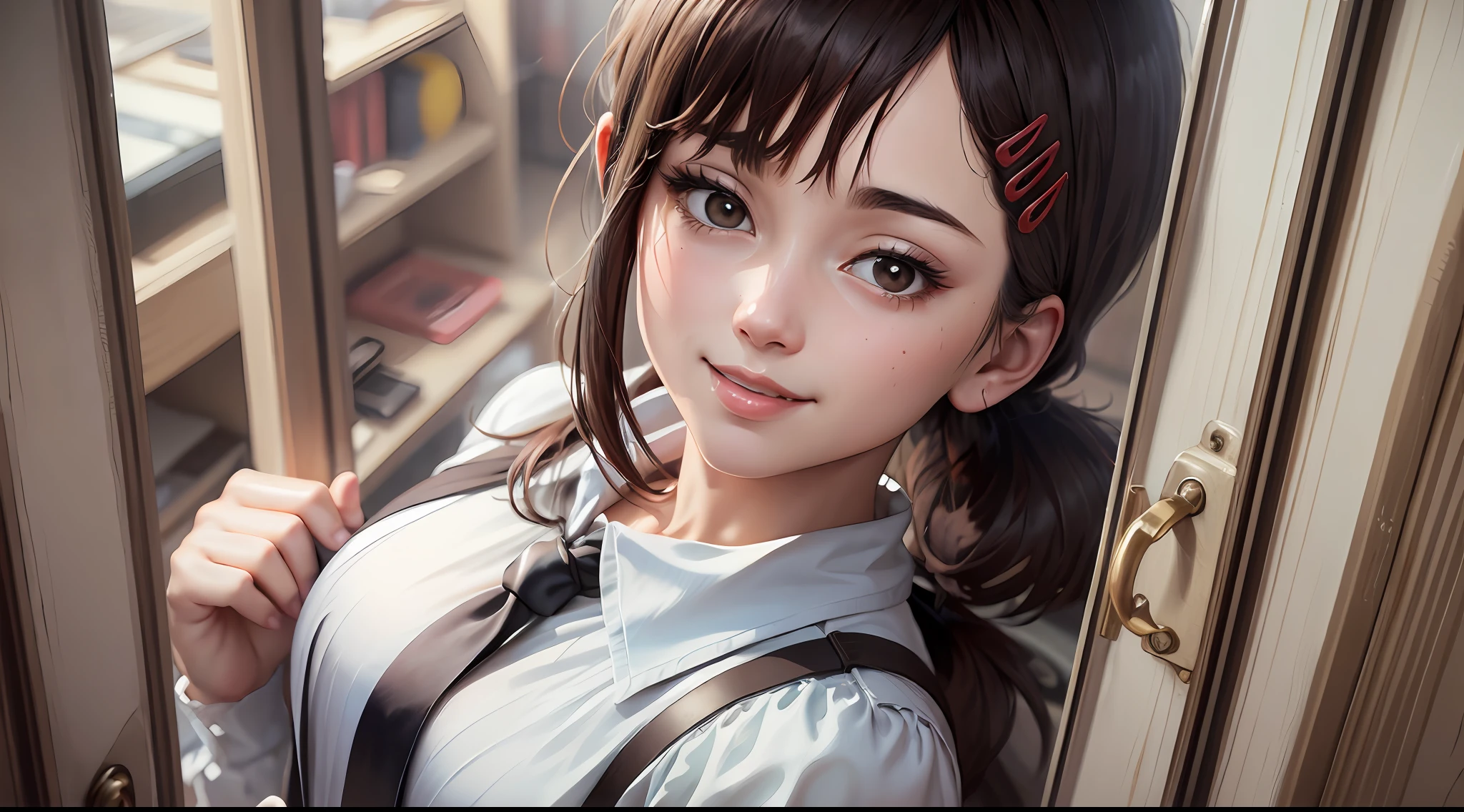 masterpiece, best quality, ultra-detailed, illustration, epic lighting, cinematic composition, isometric, 1girl, solo, cute, brown eyes, black hair, swept bangs, single sidelock, red hairclip, white collared shirt, black necktie, black pants, formal, enchanting gaze, captivating pose, indoors, office, door, opening door, looking at viewer, peeking out upper body, blush, seductive smile, closed mouth,(8k:1.1),