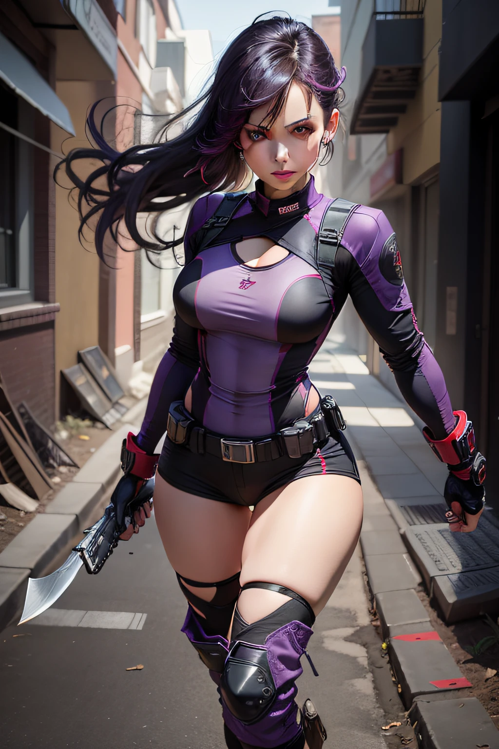 Create image with handsome face, combat pants with dark purple and red accents, fitted shirt with dark purple and red accents, utility belt with a pistol and hunting knife.