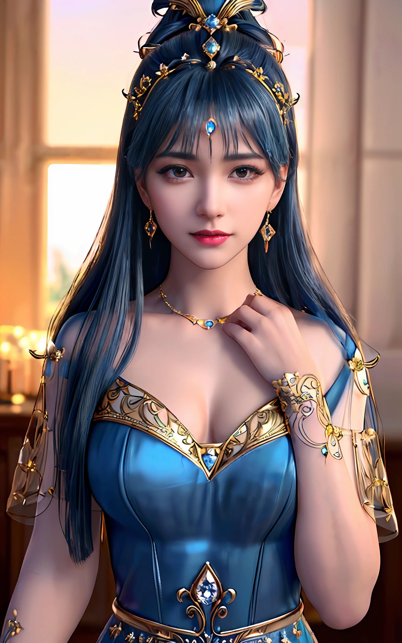 ((realisticity: 1.2)), ((best resolution: 8K UHD)), best quality,masterpiece,highres,cg,
((1 super detailed and super realistic girl)), ((very beautiful queen dazzling, super realistic, and super detailed)),((smooth, youthful, super realistic and super detailed skin)), long hair, ((super realistic and super detailed dress)), solo, ((super realistic, super beautiful, gorgeous and super detailed jewelry)), ((super beautiful, super realistic and super detailed dark blue and golden yellow dress)),
((super beautiful, super realistic, super detailed diamond filled earrings)),
  ((super beautiful, super realistic and super detailed diamond filled hair ornament)), ((super beautiful upper body, super beautiful, super realistic and super detailed)), ((big breasts: 2.5)), 
((super grand, super realistic and super detailed royal palace backgroun))
((super beautiful, super beautiful, super realistic and super detailed hair bun)), ((super beautiful, super realistic and super detailed blue hair)),
candid, Photograph, high resolution, 8k,Bokeh,