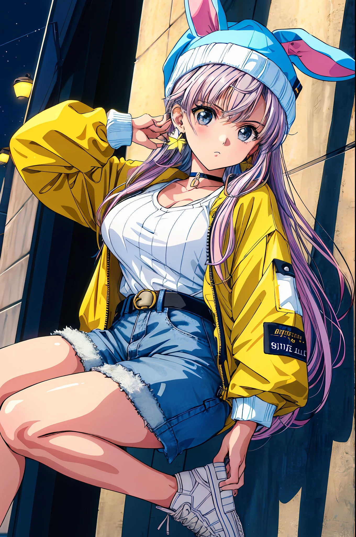 1girl, realistic anime, 8k, cinematic, dramatic,1990s \(style\),masterpiece,best quality, highest quality, screencap, big breasts in oversizes sweater, cozy winter hat beanie with bunny ears,(flopped_ears), striped hat, edgy aesthetic, grunge clothes, tattered sweater with a dress shirt underneath, belt with butterfly chains, cargo pants, knife, platform sneakers, silver adornments and accessories, choker with flower design, cute print, pattern background that is cute, the color palette is muted and pastel colors only, (color palette is: muted pink , very soft pastel yellow, white, gray), dynamic pose, beautiful background, detailed, intricate, beautiful and delicate face, detailed and shiny eyes, serious expression, street , city, night, 1990s \(style\)