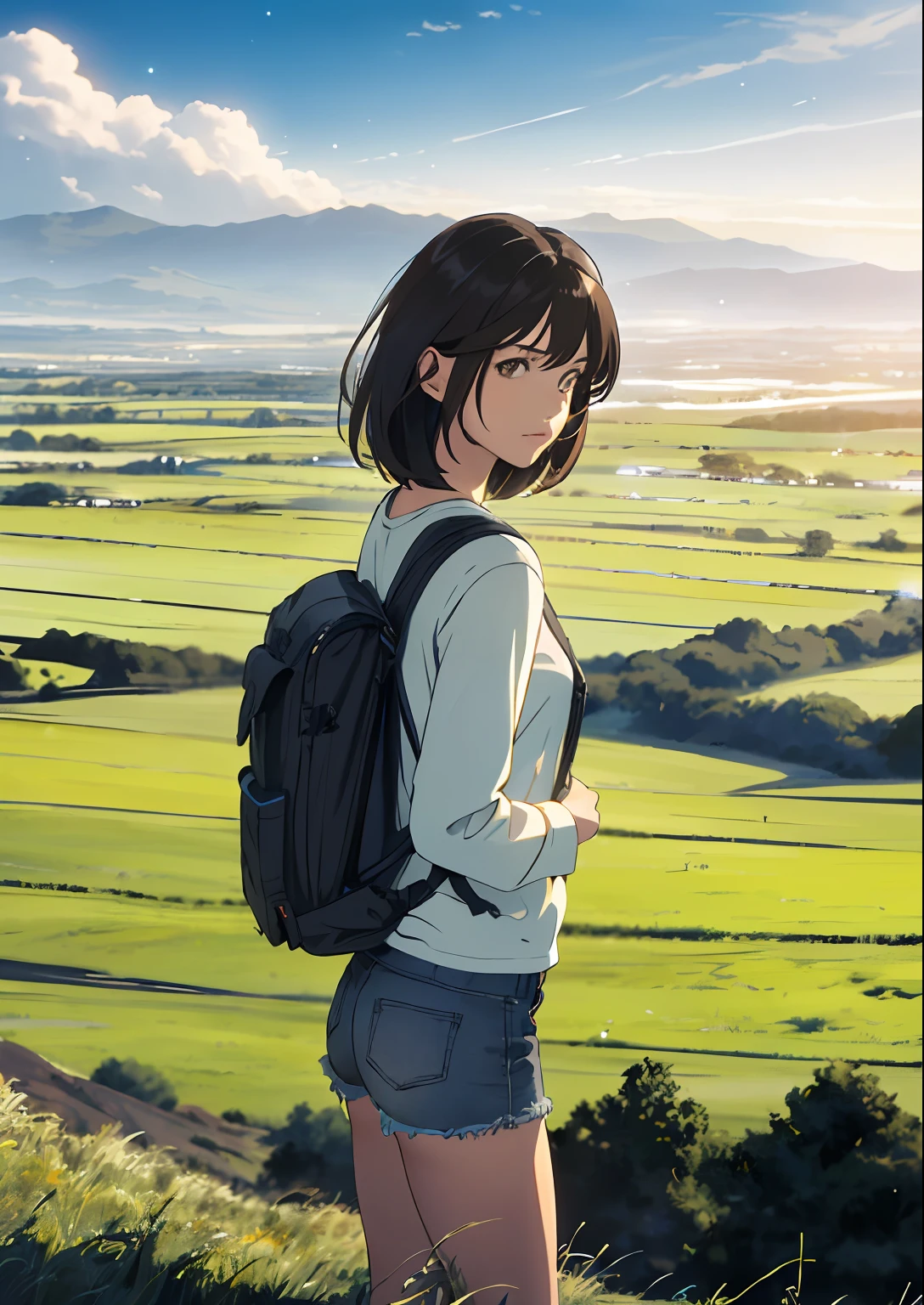 (beautiful and magnificent skyline, majestic sky), (extremely tense and dramatic pictures, moving visual effects), (high hanging Polaris, colorful natural light), (1girl), (long-sleeved top, denim shorts, carrying a backpack), (dynamic pose:1.3, black eyes, black hime-cut hair, sparkling girl)[:0.8], (large grassland), (oncoming breeze), (brown hair and background Coordination effect: 1.2), (close shot, long shot mix and match)[::0.9]
