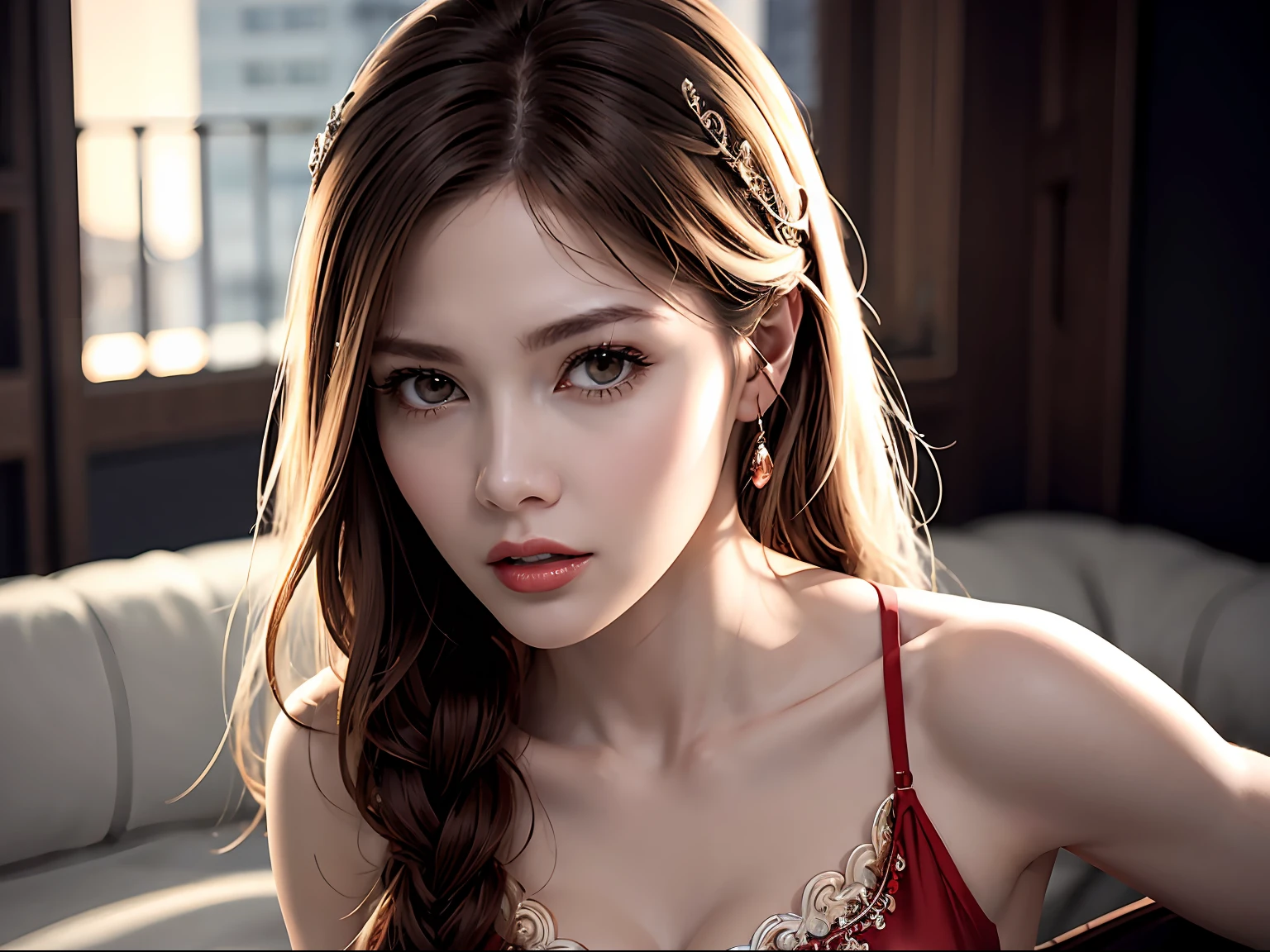 Ultra detailed complex 3D rendering of face, (big breasts: 8.8), (masterpiece, top quality, octane rendering, 8K), glamour shot full body image, cleavage, (highly detailed skin: 1.2), (exposure: 1.1), (blonde), (wearing a plummet tank top of red silk: 1.5)), blonde hair, beautiful white woman with full soft breasts and white skin, one with big ass, long braided hair(portrait))), big breasts, dynamic angles, mystical expressions, ultra-realistic photos, (portrait))), bare feet, futuristic city background, facial muscles, detailed and beautiful queen tiara, in the style of Marvel Comics, clear focus, studio photography, intricate details, highly detailed, detailed yellow eyes, sharp focus, digital rendering, professional, abs, ( ((Sexy Pose))), Natural Jungle, Open Your Mouth Lightly, Mansuji, Open Your Crotch, Seductive Look, Angel Ring, Detailed Angel Wings, Circle of Angels, Beautiful Mouth, Perfect Body Beauty: 1.4,