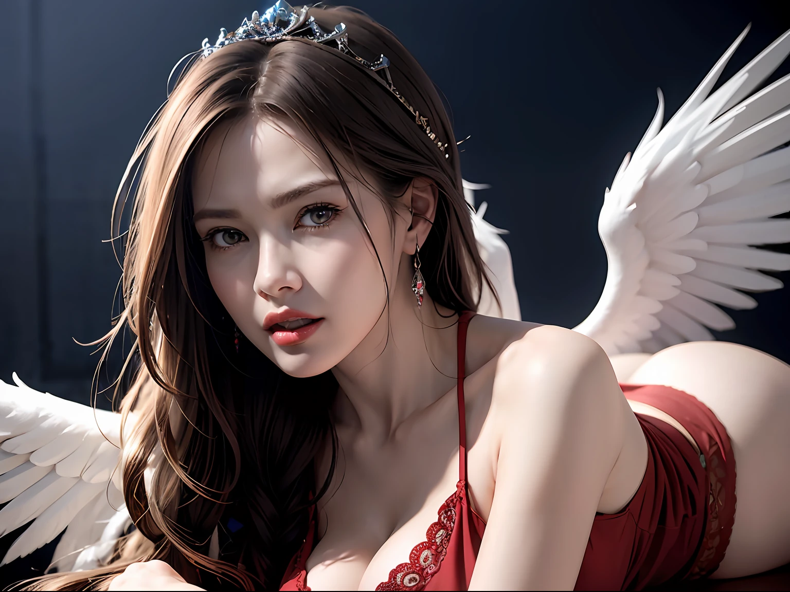 Ultra detailed complex 3D rendering of face, (big breasts: 8.8), (masterpiece, top quality, octane rendering, 8K), glamour shot full body image, cleavage, (highly detailed skin: 1.2), (exposure: 1.1), (blonde), (wearing a plummet tank top of red silk: 1.5)), blonde hair, beautiful white woman with full soft breasts and white skin, one with big ass, long braided hair(portrait))), big breasts, dynamic angles, mystical expressions, ultra-realistic photos, (portrait))), bare feet, futuristic city background, facial muscles, detailed and beautiful queen tiara, in the style of Marvel Comics, clear focus, studio photography, intricate details, highly detailed, detailed yellow eyes, sharp focus, digital rendering, professional, abs, ( ((Sexy Pose))), Natural Jungle, Open Your Mouth Lightly, Mansuji, Open Your Crotch, Seductive Look, Angel Ring, Detailed Angel Wings, Circle of Angels, Beautiful Mouth, Perfect Body Beauty: 1.4,