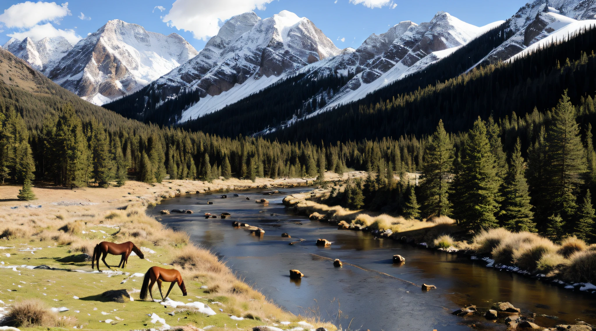 Snowy mountains, rivers, primeval forests, grasslands, horses, realism, and high quality