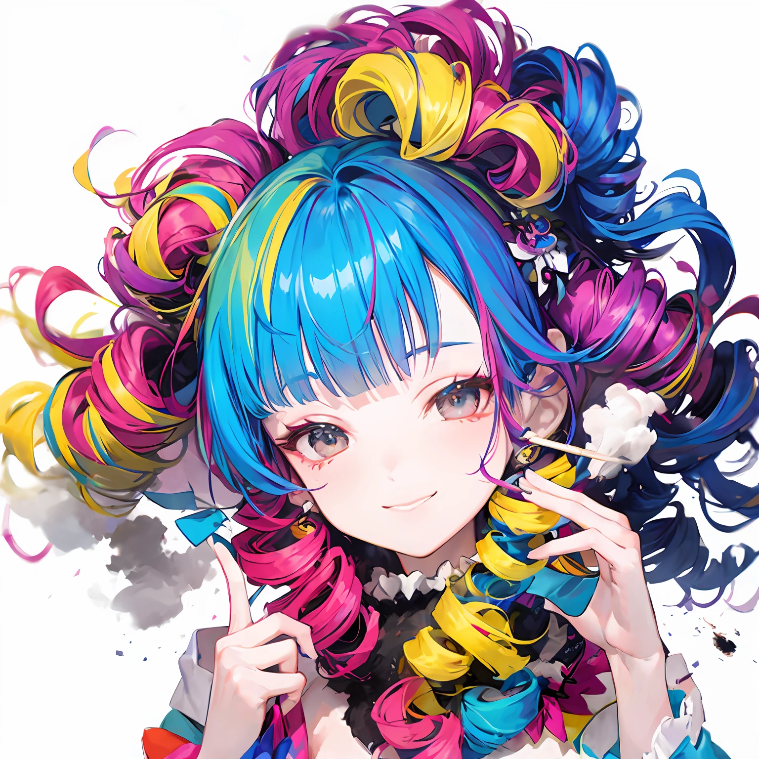 clown,smile,drill_hair,(wavy multicolor hair:1.2),(smokeanywhere:1.4)